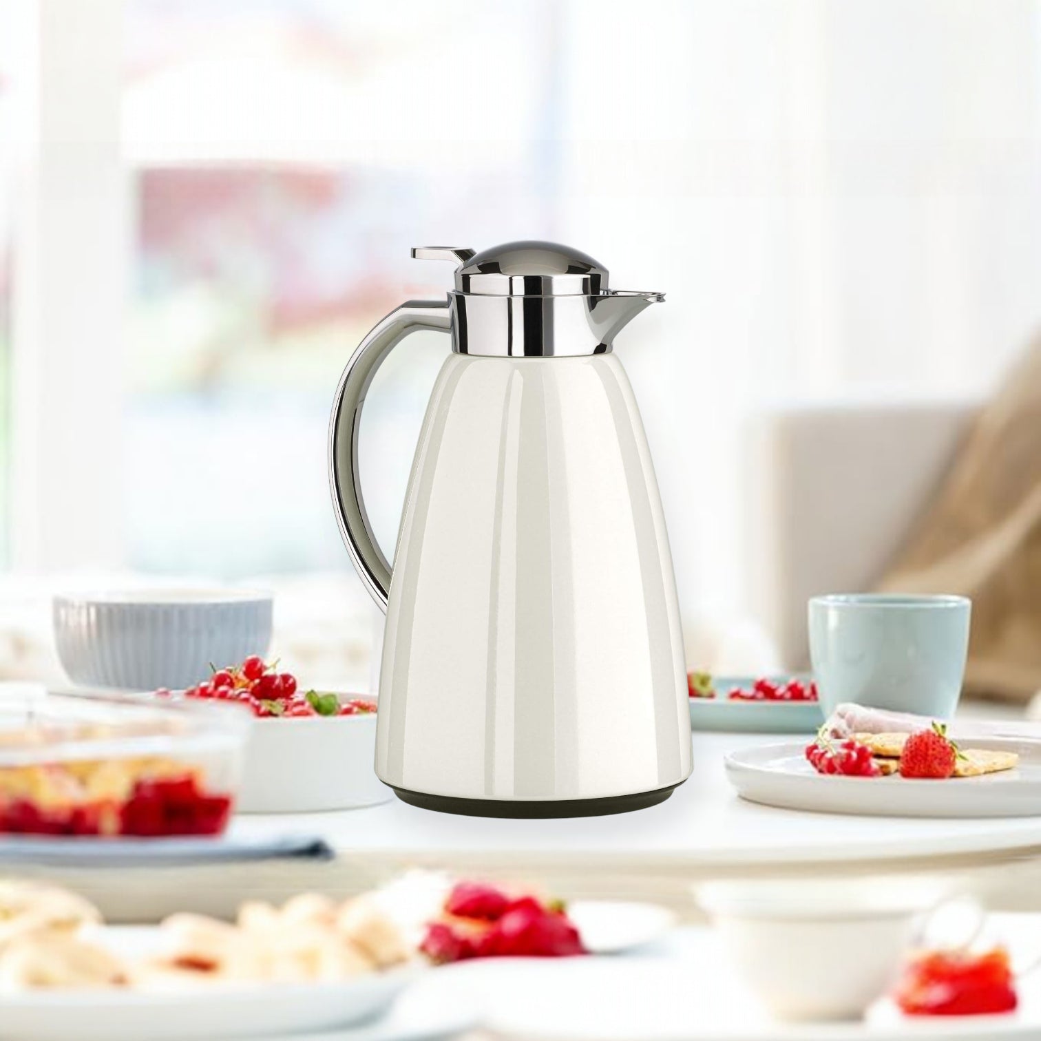 Emsa Campo Vacuum Flask 1.0L – Stainless Steel Insulated Jug with Quick-Tip One-Hand Closure, 100% Leak-Proof Design, 12H Heat / 24H Cold Retention, High-Gloss Chrome Finish (White) - Damoo