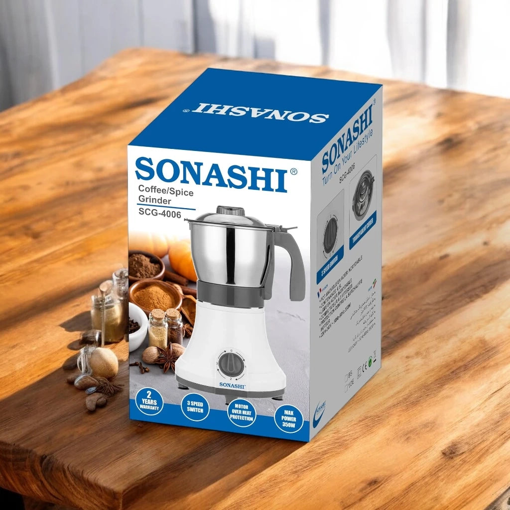 Sonashi Coffee/Spice Grinder – 0.8L, Detachable Stainless Steel Jar, 3-Speed Mixer Grinder, Overheat Protection, 350W Electric Coffee Bean Grinder, Ideal for Spices, Nuts & Dried Fruits – White/Silver/Grey - SCG-4006 - Damoo