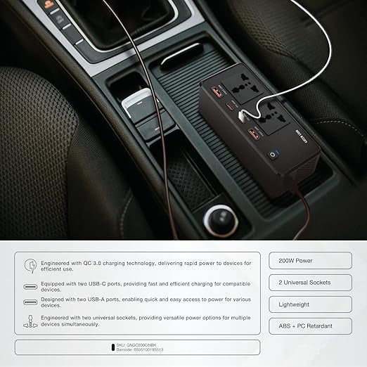 محول طاقة للسيارة Green Lion GC-200 - 200 واط، مزود بمقبسين للتيار المتردد، ومنفذي USB-A، ومنفذي USB-C | شحن سريع PD بقوة 24 واط | من 12 فولت إلى 220 فولت | محطة طاقة متنقلة لأجهزة الكمبيوتر المحمولة والهواتف وملحقات السيارات