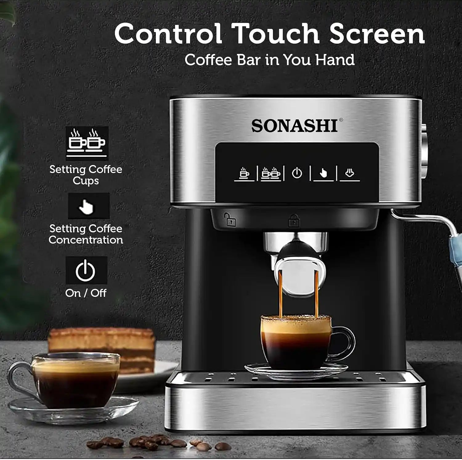 Sonashi All-in-One Coffee Machine – 850W Espresso Maker with Touch Control Panel, 15 Bar Pressure, 1L Removable Water Tank, Steam Nozzle & Overheat Protection – Countertop Coffee Maker for Home & Office - SCM-4964 - Damoo