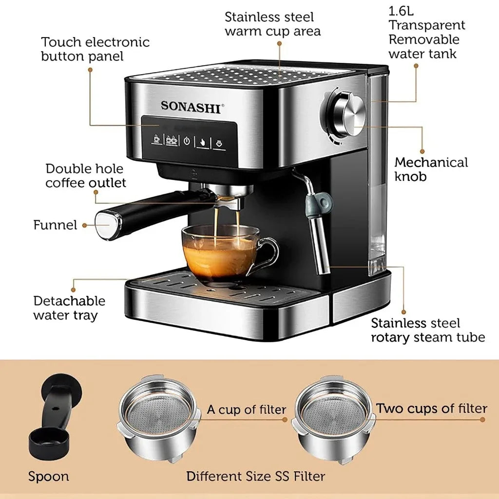 Sonashi All-in-One Coffee Machine – 850W Espresso Maker with Touch Control Panel, 15 Bar Pressure, 1L Removable Water Tank, Steam Nozzle & Overheat Protection – Countertop Coffee Maker for Home & Office - SCM-4964 - Damoo