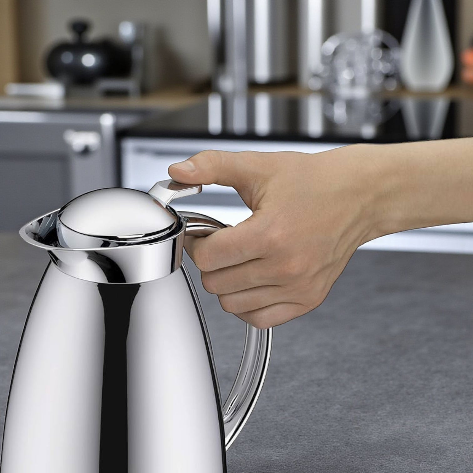 Emsa Cone Thermal Jug Swirl 1.5 L – Metallic Silver | Premium German-Made Vacuum Flask with Glass Liner for Hot & Cold Drinks - Damoo