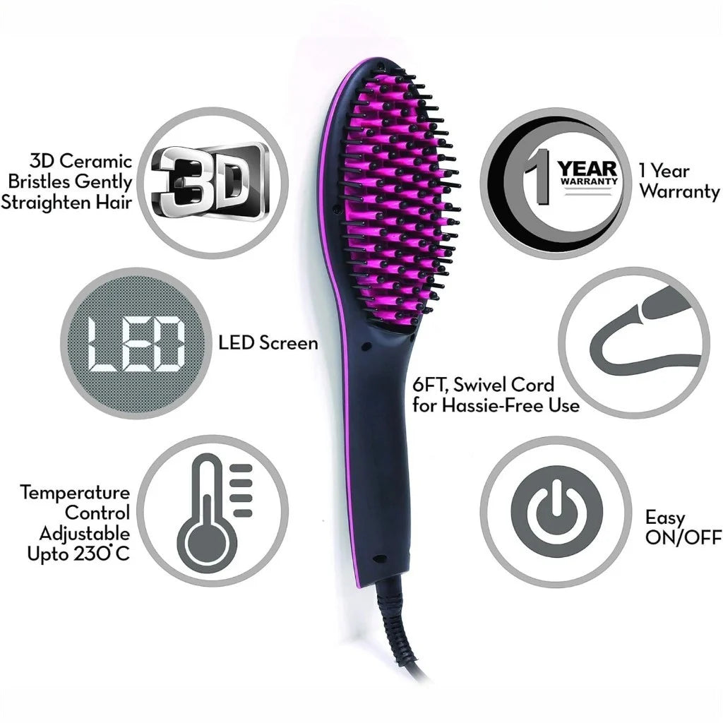 Sonashi Simply Straight Hair Straightening Brush – 2-in-1 Heated Comb with LCD Display, 3D Ceramic Bristles, Adjustable Temperature (150°C–230°C), Auto Shut-Off & Cool Touch Design – For All Hair Types | SHS-2062B - Damoo
