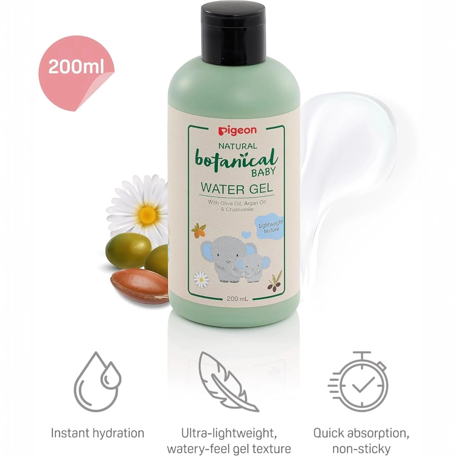 Pigeon Natural Botanical Baby Water Gel 200ml – Lightweight, Non-Greasy Gel with Olive Oil, Argan Oil & Chamomile | Alcohol-Free & Dermatologist-Tested - Damoo