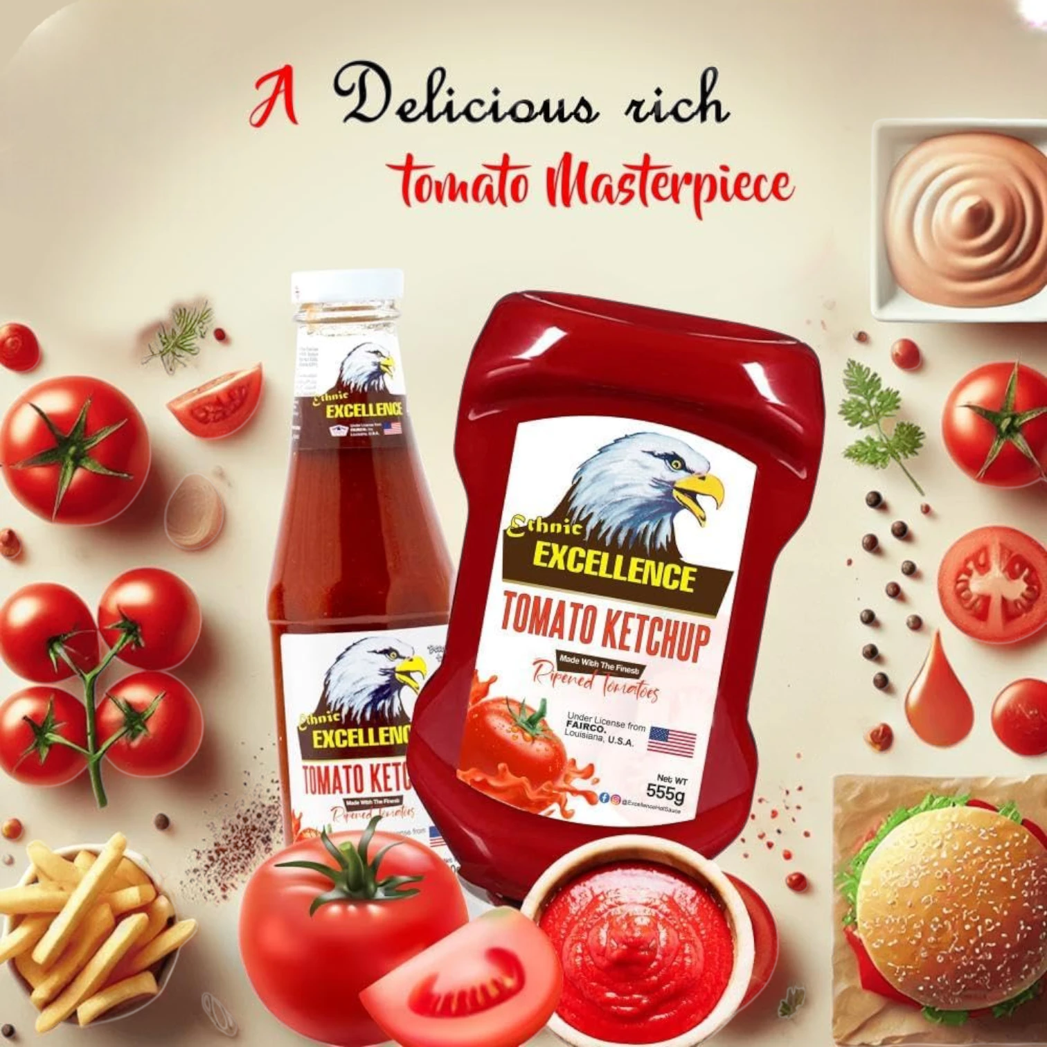 Excellence Ethnic Tomato & Hot Tomato Ketchup Combo Pack β 2 x 555g Squeezy Bottles | Rich, Spicy, & Sweet Flavors | No Trans Fat or Cholesterol | Ideal for Dips, Marinades & Condiments - Damoo