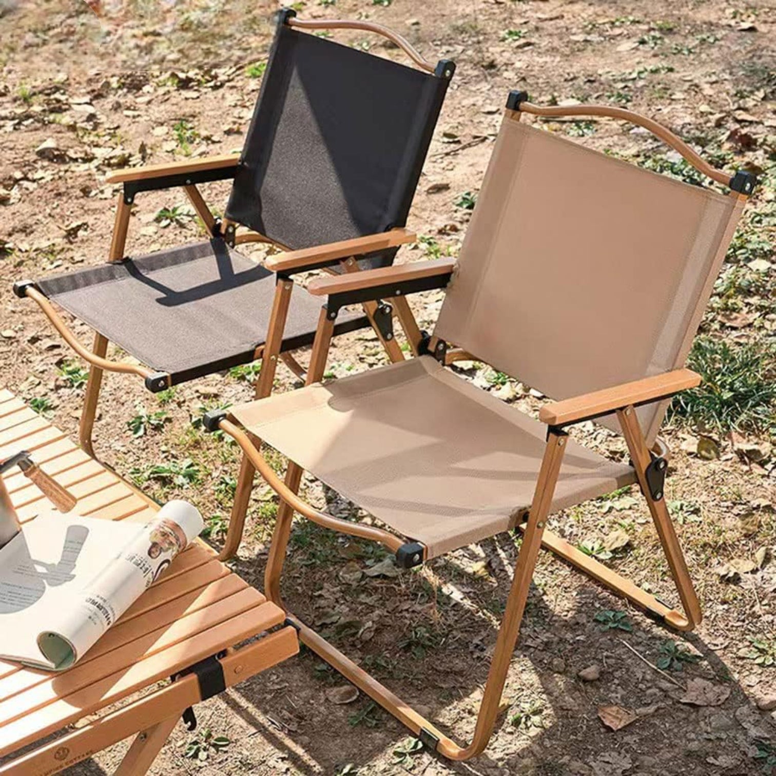 Outdoor Folding Camping Chair – Portable Medium-Size Dazzle Black Fishing, Picnic, and Beach Chair with Wooden Armrests and Heavy-Duty Steel Frame