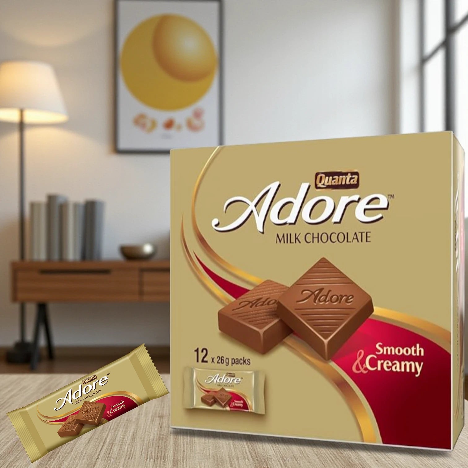 Quanta Adore Milk Chocolate Bars – 12 x 26g, Smooth & Creamy Individually Wrapped Treats - Damoo