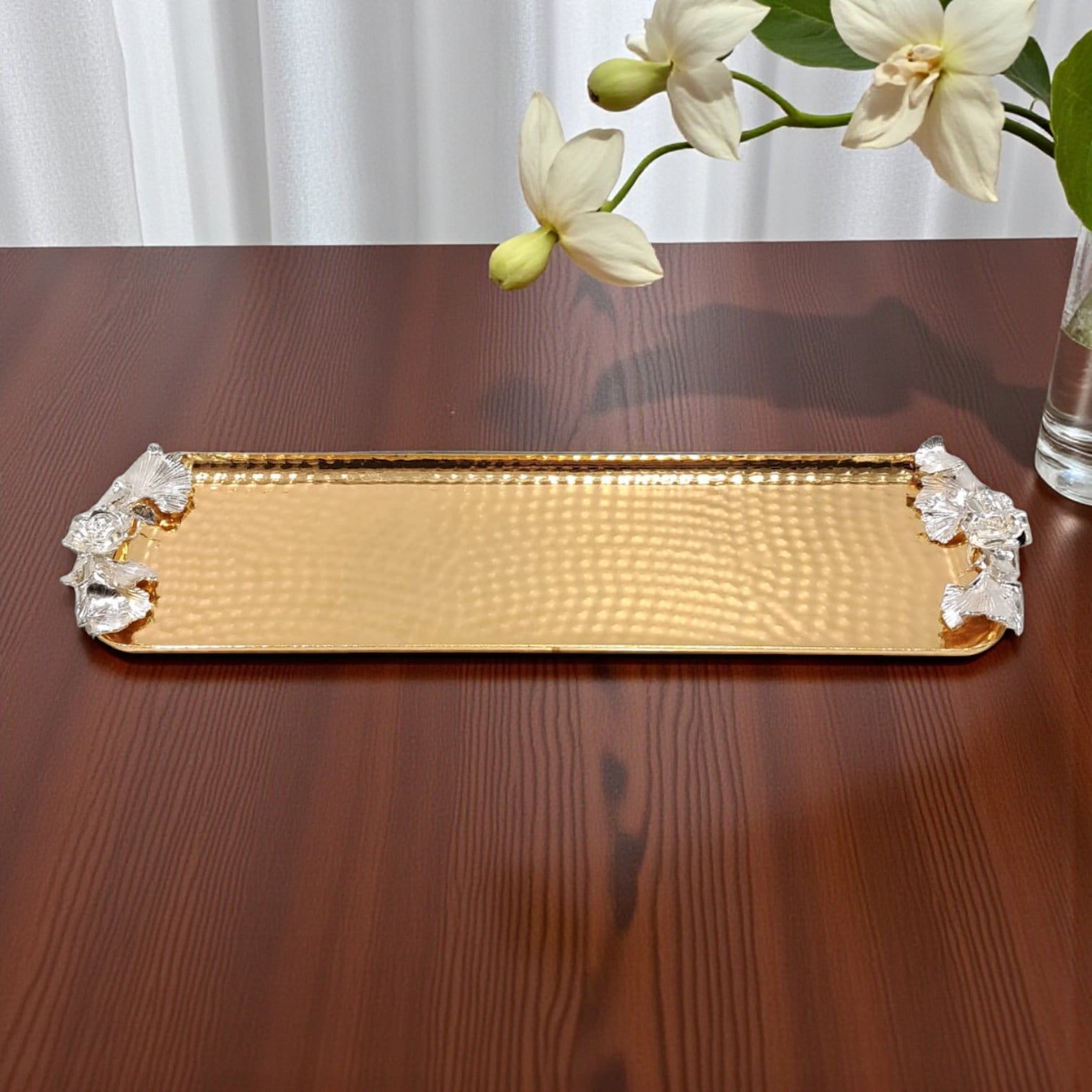 Luxury Hammered Gold Rectangular Serving Tray with Silver Floral Handles – Stainless Steel Decorative Tray for Elegant Dining and Home Décor - Damoo