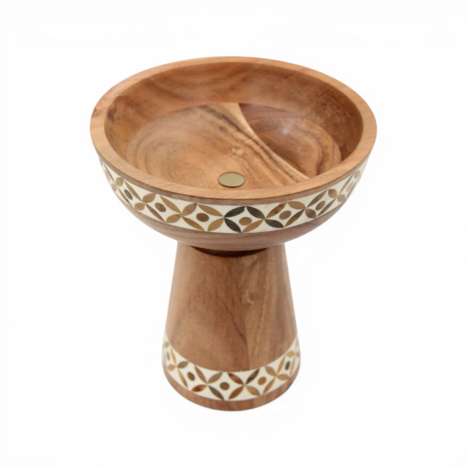 Handcrafted Wooden Pedestal Bowl with Mother of Pearl Inlay – Decorative Serving Bowl Stand for Fruits & Centerpiece Décor (22H x 19L x 19W CM) - Damoo