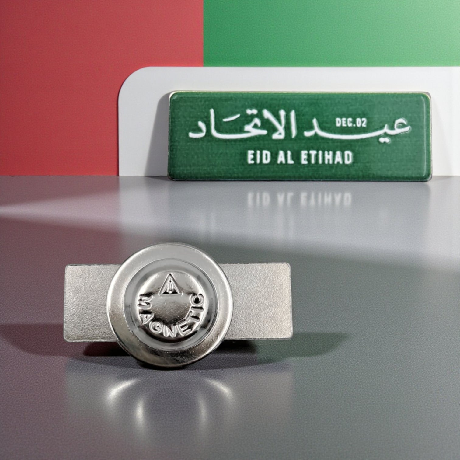 EID AL ETIHAD Magnetic Badge – UAE National Day Lapel Pin with Arabic & English Text – Dec 02 Union Day Commemorative Gift (H1cm x W3cm) - Damoo