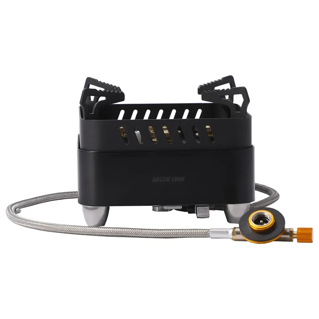 GREEN LION CAMPFIRE Portable Camping Gas Stove – 3500W 5-Way Copper Burner, Butane Compatible, Push-Start Ignition for Outdoor Cooking, Black