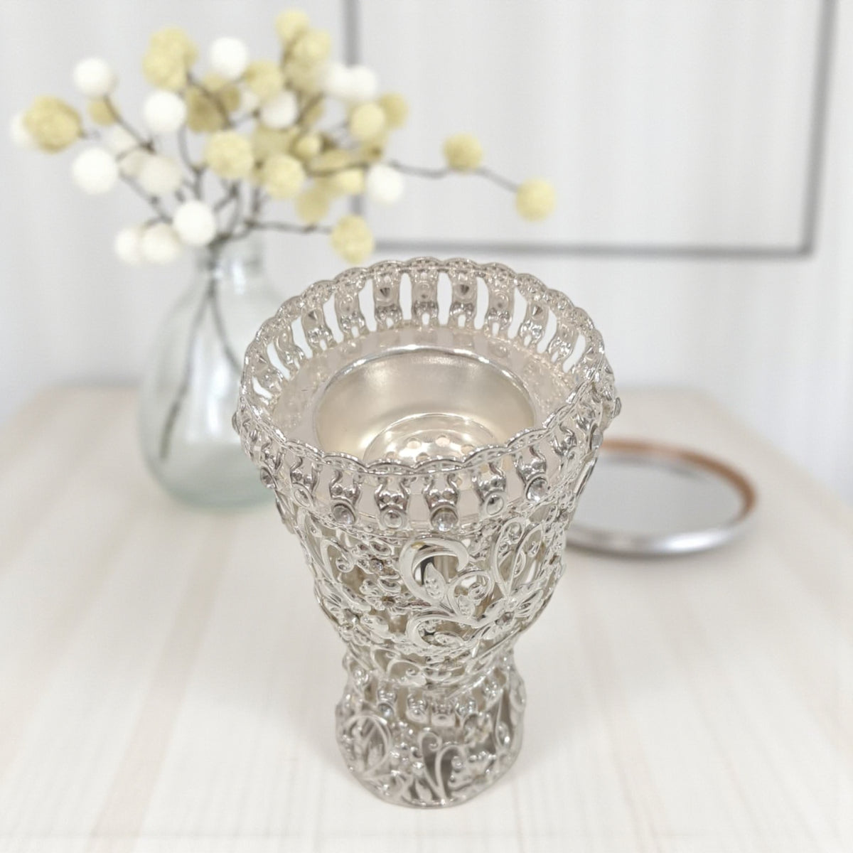 Silver Plated Embossed Incense Burner – Ornate Floral Metal Bukhoor Holder with Elegant Base, Home Fragrance Decor - Damoo
