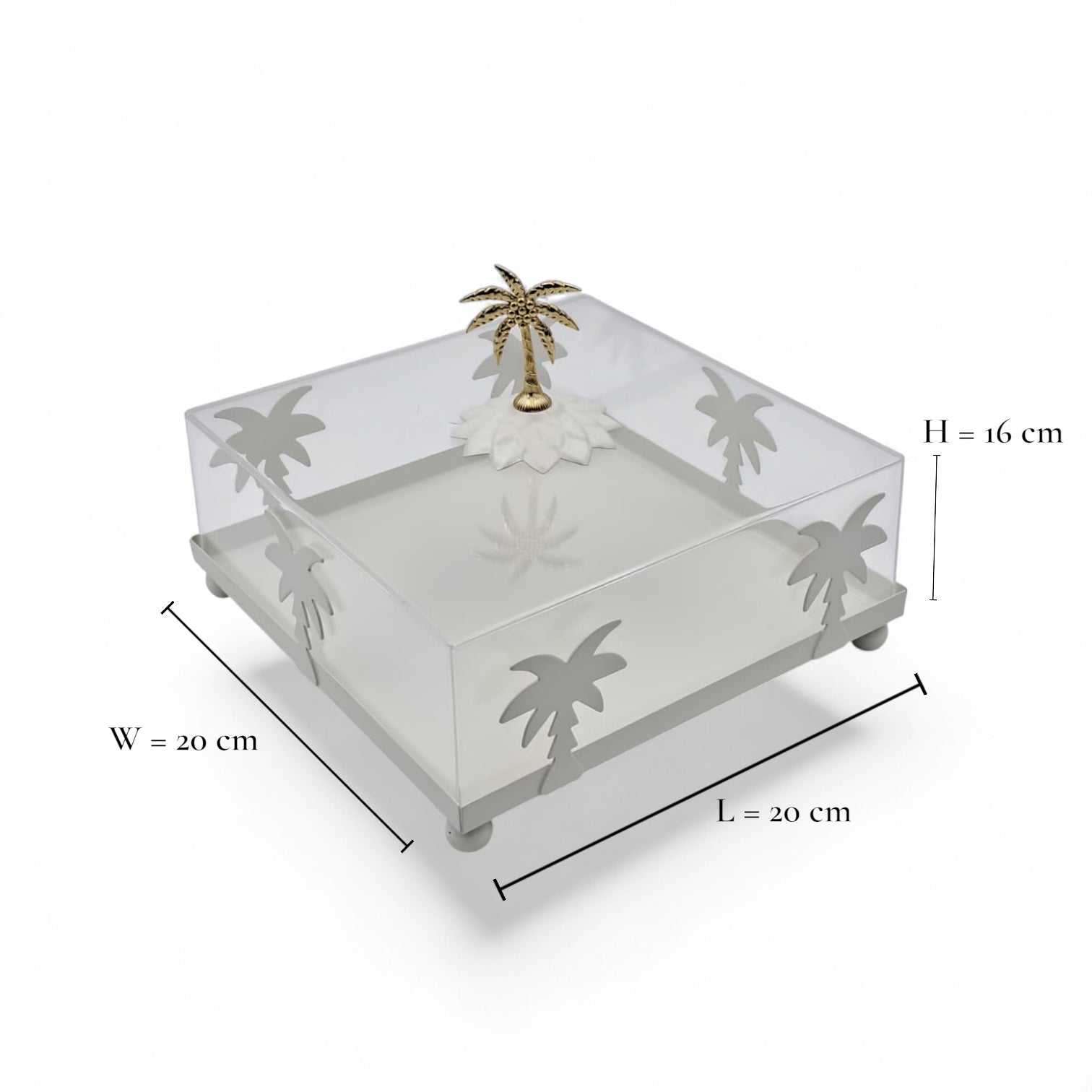 صينية تقديم أكريليك مربعة الشكل بتصميم شجرة نخيل بيضاء مع غطاء مقبب - طبق أنيق شفاف لعرض الحلويات | صينية حلوى وكعك فاخرة بمقبض ذهبي