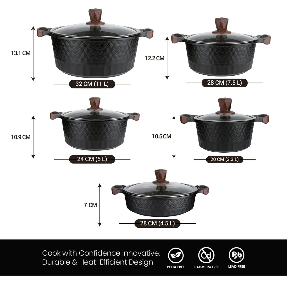 VOGATI (Mega Series) 10 pcs Cookware Set in Grey – Casserole Pots 20/24/28/32cm, Shallow Casserole 28cm Kitchen Cooking Set