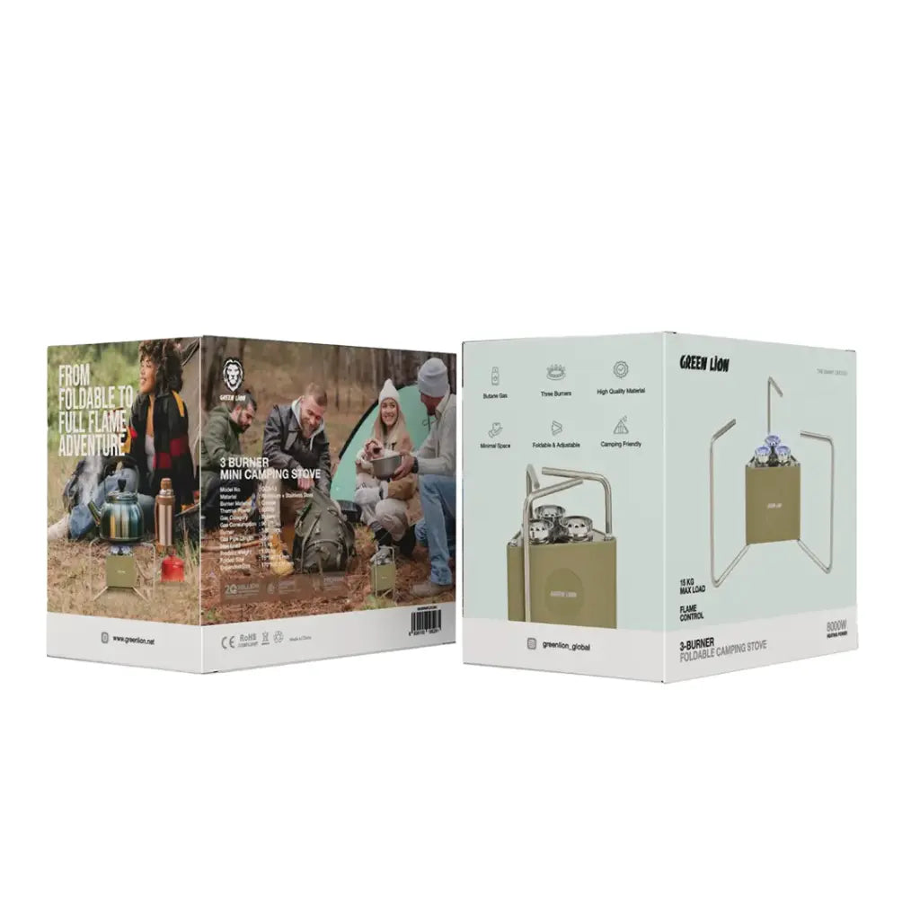 Green Lion 3-Burner Foldable Camping Stove – 8000W Heating Power, 15 kg Max Load, Flame Control, Portable Outdoor Cooking Cooker