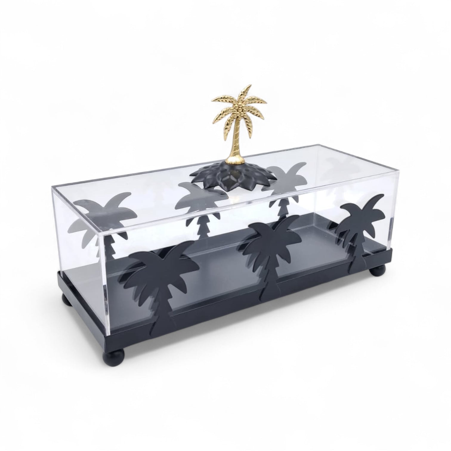 صندوق زخرفي فاخر على شكل شجرة نخيل من الأكريليك والذهب - صينية تخزين أنيقة مع غطاء وقاعدة ذهبية وتصميم نخلة (الارتفاع 16 سم × العرض 10 سم × الطول 24.5 سم)
