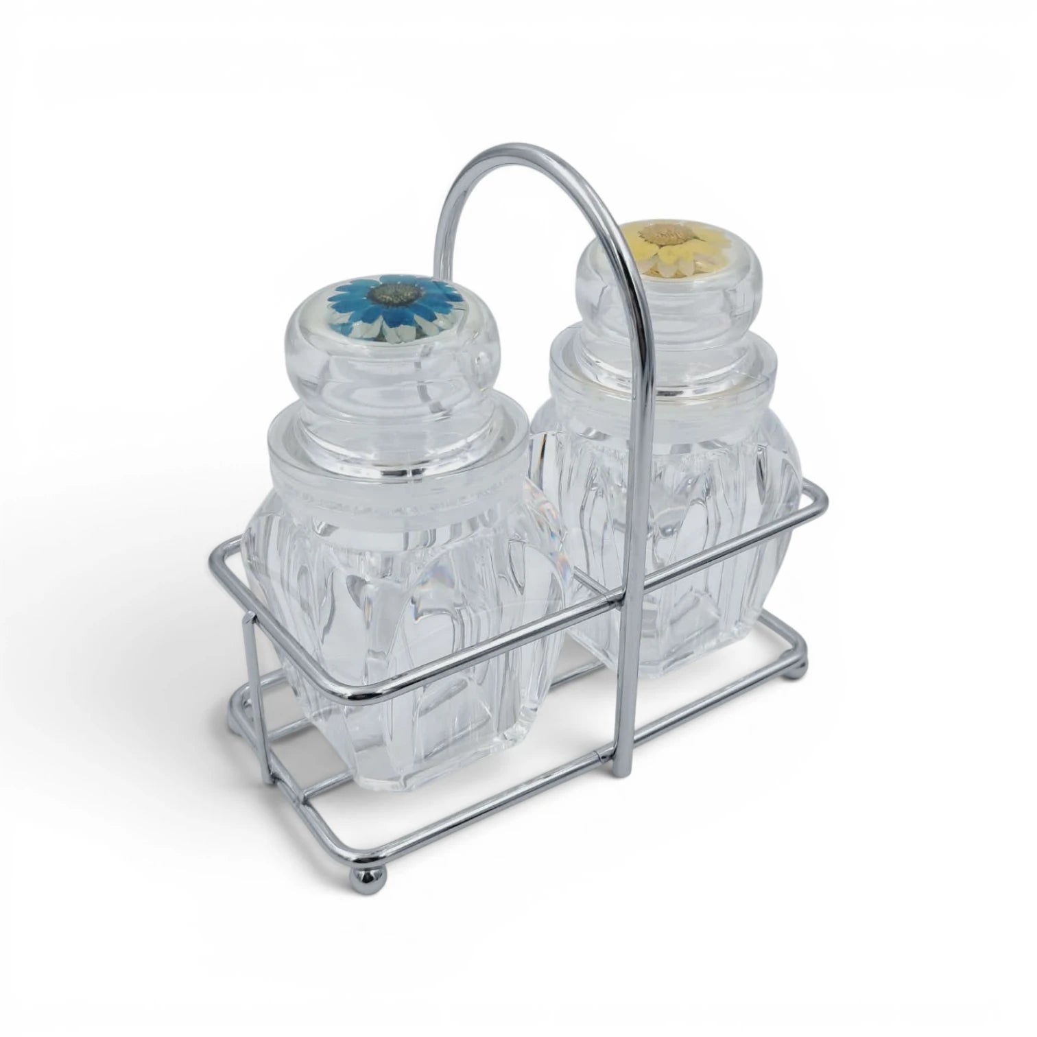 2-Piece Acrylic Cruet Set with Metal Stand, Spice & Condiment Jars with Lid (Salt & Pepper, Oil, Sauce Holder), Kitchen & Dining Table Organizer - Damoo