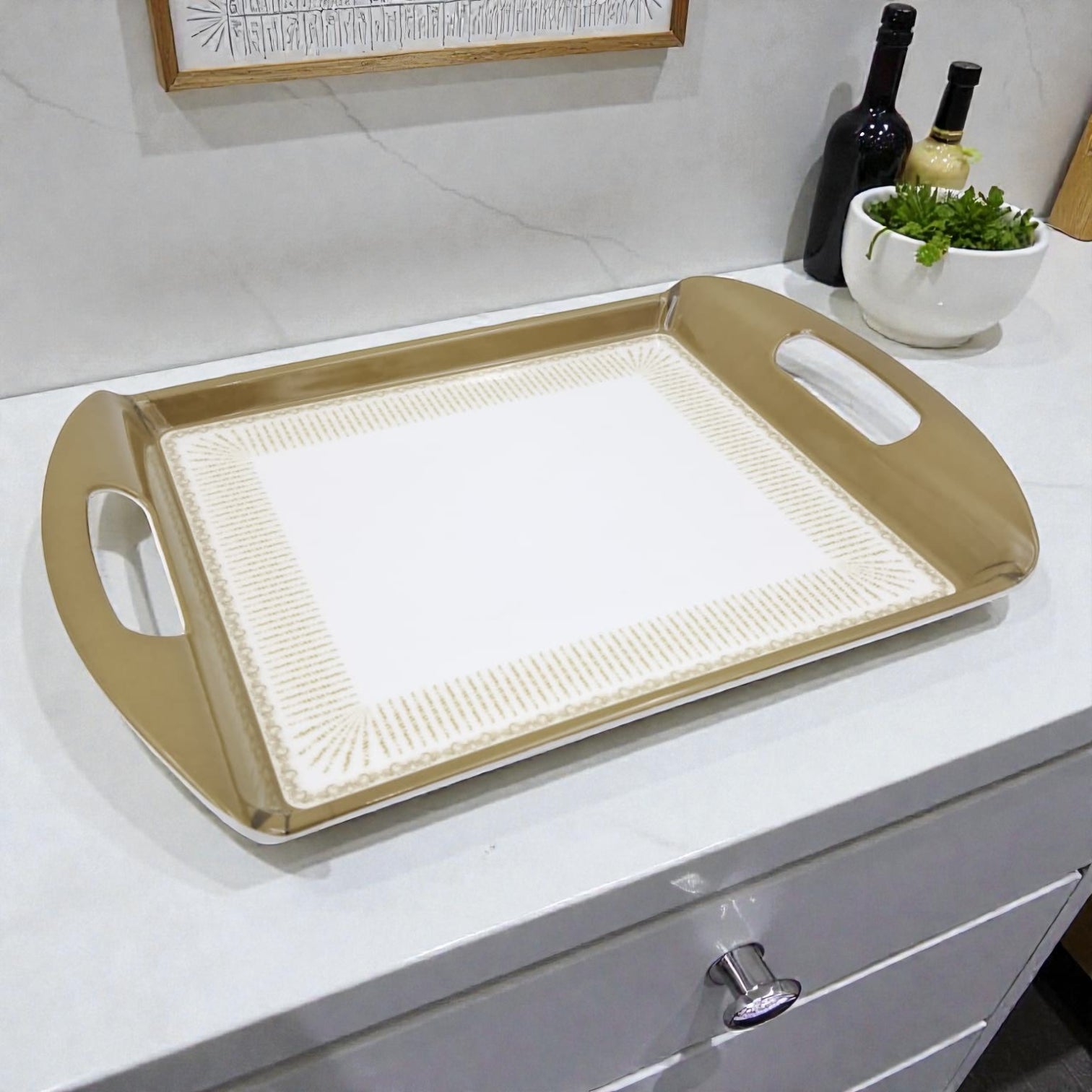 Luxury Rectangular Serving Tray with Handles – White & Gold Decorative Plastic Tray for Tea, Coffee & Table Serving (Available in 2 Sizes) - Damoo