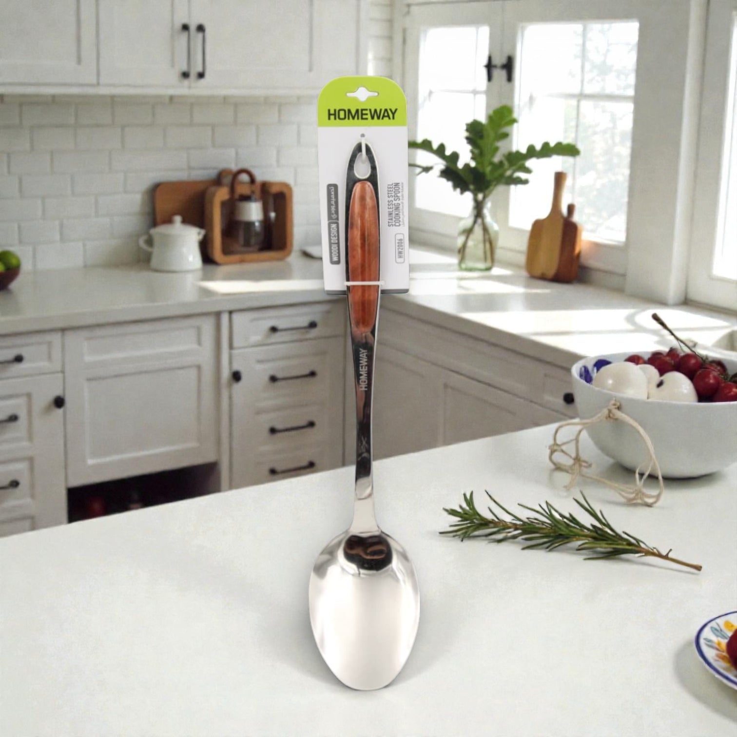 Premium Stainless Steel Kitchen Serving Spoon with Wood-Style Ergonomic Handle – Heavy Duty Cooking & Serving Spoon for Soups, Stews, Rice, Curries & Everyday Use (5H x 7.5W x 36L CM) - Damoo