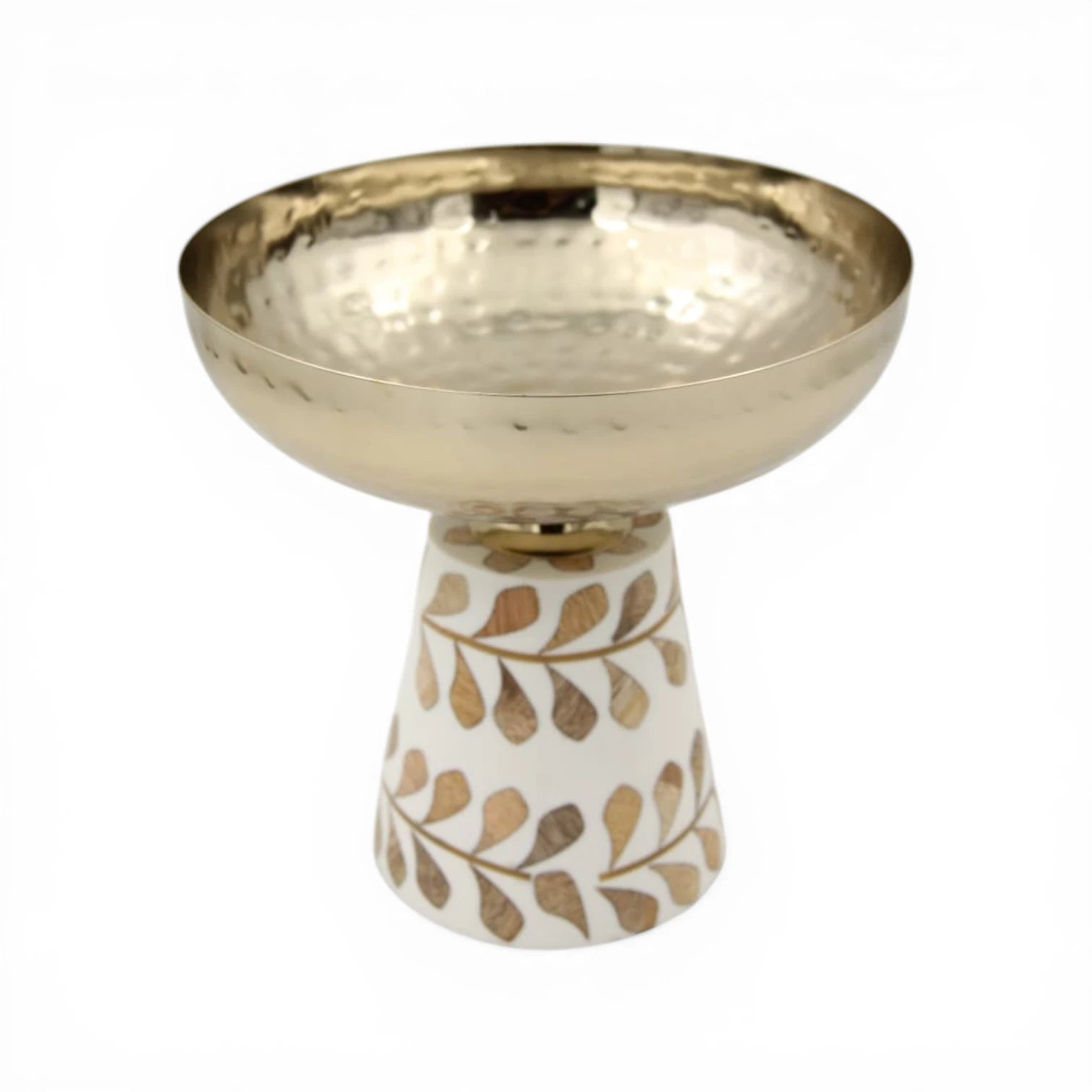 Hammered Metal Pedestal Serving Bowl with Decorative Inlay Base – Elegant Elevated Fruit & Dessert Bowl for Table Centerpiece (20H x 20L x 20W CM)