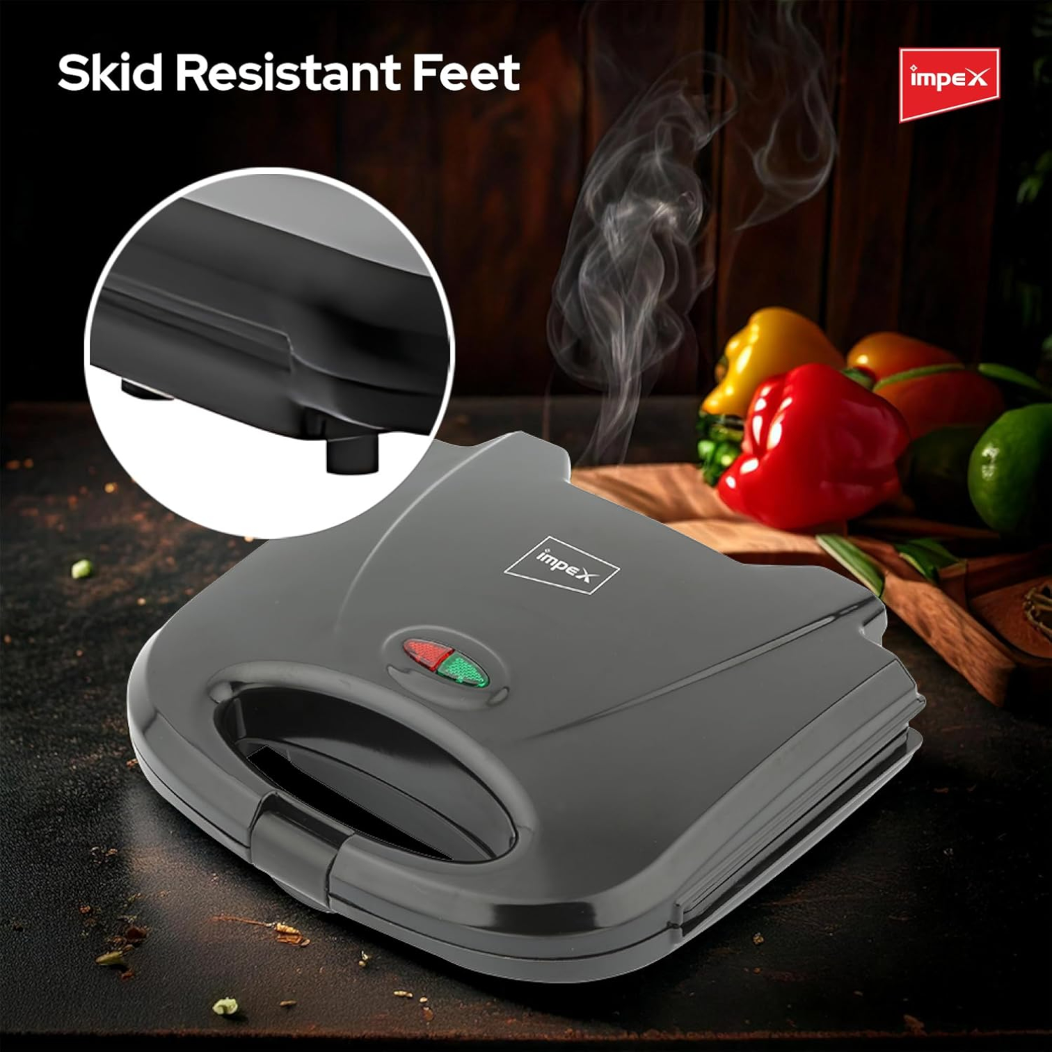 Impex SW 3601 Sandwich Maker | 2-Slice Grill | 750W Powerful Heating | Non-Stick Coated Plates | Indicator Light | Cool Touch Handle | Skid-Resistant Feet | Compact Breakfast Sandwich Toaster - Damoo