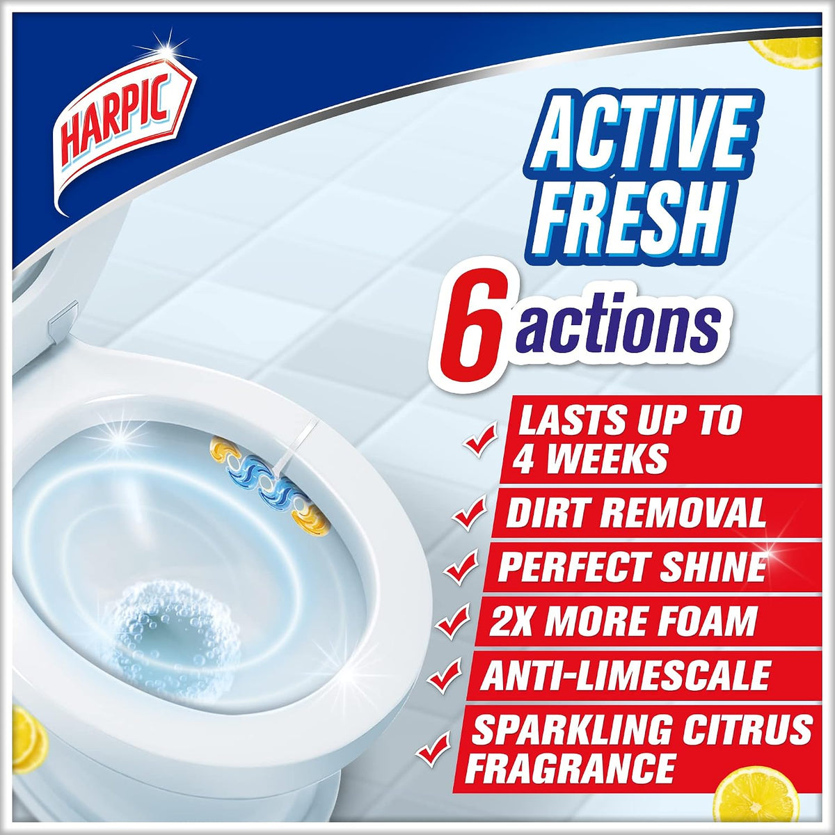 Harpic Fresh Power 6 Toilet cleaner Rim Block 35g – Sparkling Citrus | 6 Actions | Anti-Limescale | Cleaning Foam | Bleach & Phosphate Free
