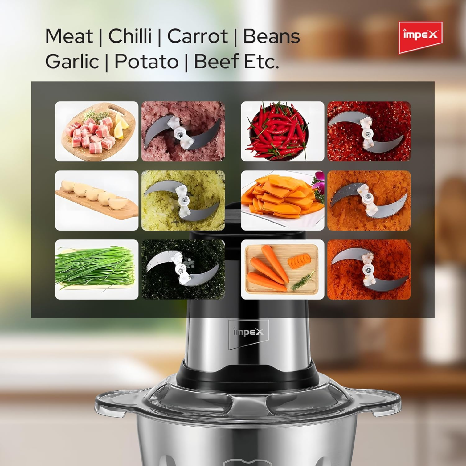 Impex FC 3206 Electric Food Chopper 3L | 400W Multi-Purpose Chopper with 6 Stainless Steel Blades | 3-Speed Adjustable Meat Grinder & Food Processor | Durable SUS 304 Steel Bowl