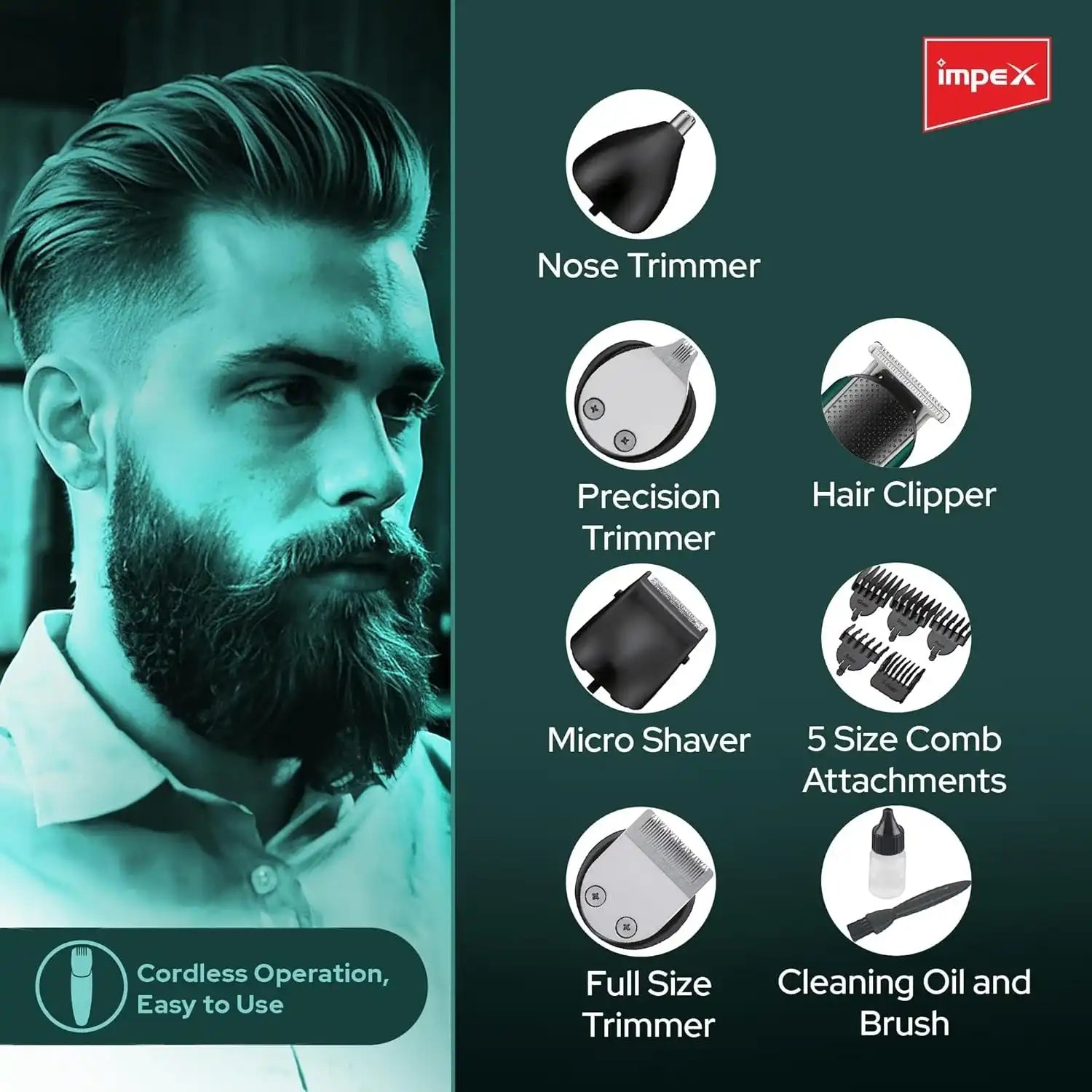 Impex 11-in-1 Grooming Kit for Men – Cordless Hair Clipper, Nose & Ear Trimmer, Precision Trimmer, Micro Shaver, USB Rechargeable, 1300mAh Battery, 5 Comb Attachments, 3-Hour Runtime – Black & Blue - GK 403 - Damoo