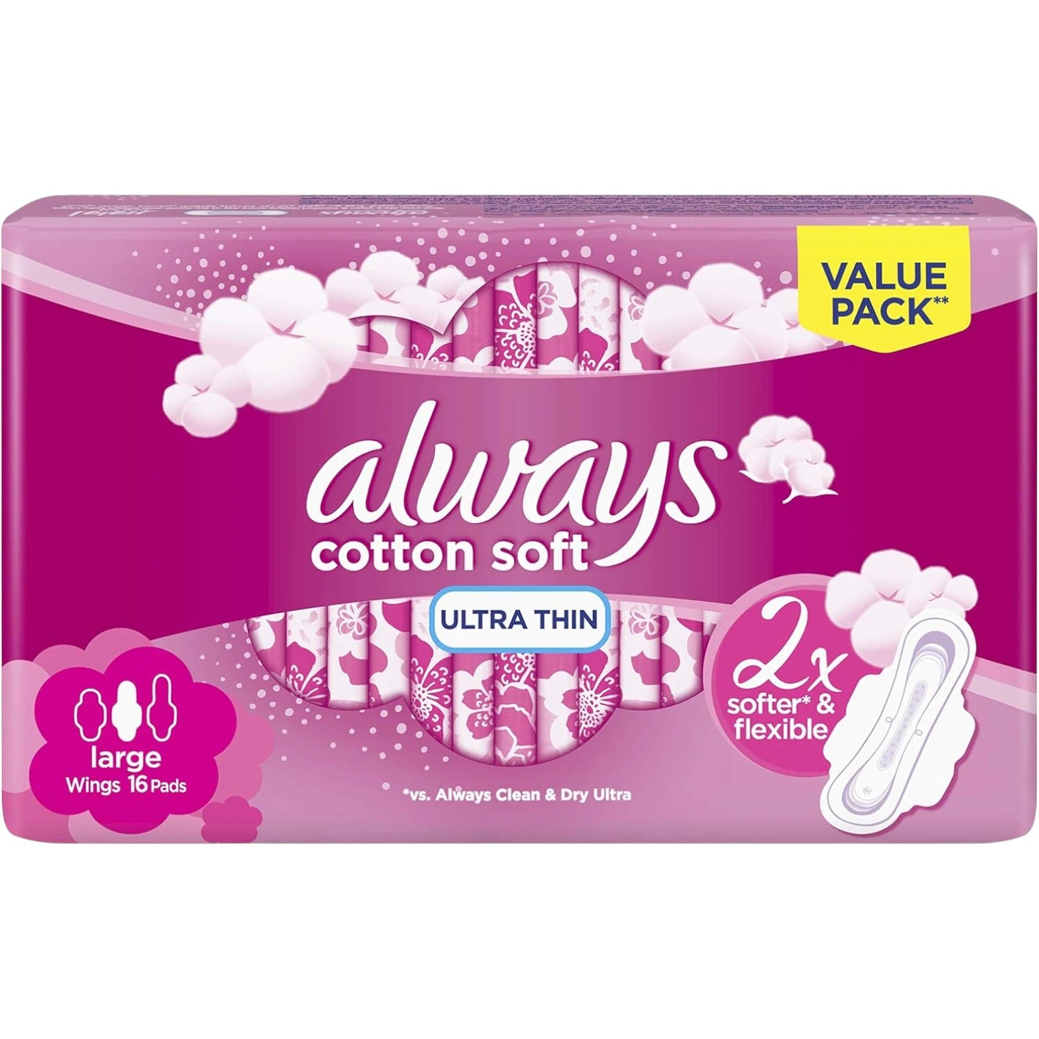 Always Cotton Soft Ultra Thin Sanitary Pads – Large, 16 Count | 2X Softer & Flexible, Extra Absorbent, Skin-Friendly Protection - Damoo