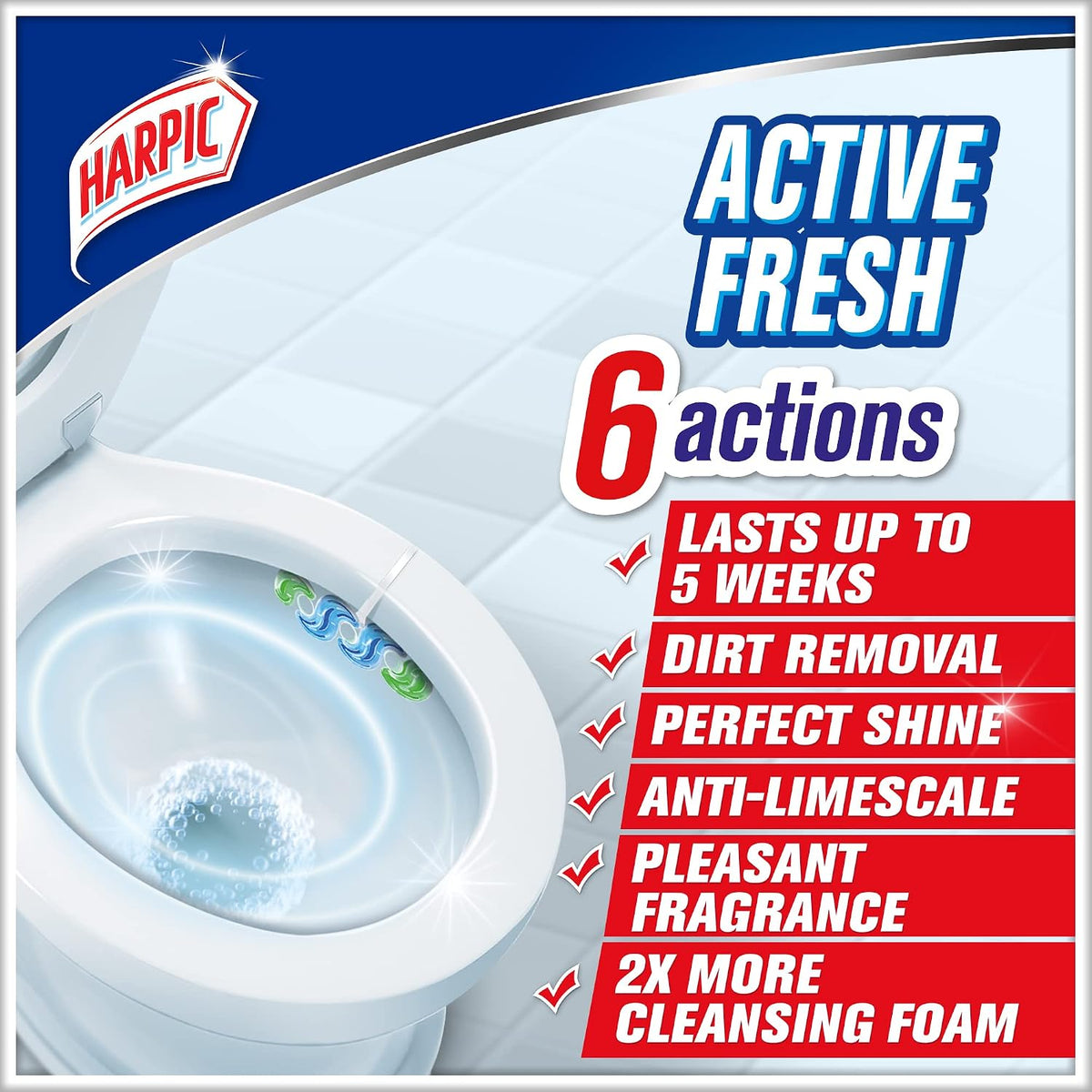 Harpic Fresh Power 6 Toilet Cleaner Rim Block 35g Pine Forest – Shine, Cleaning Foam, Anti-Limescale & Fresh Fragrance