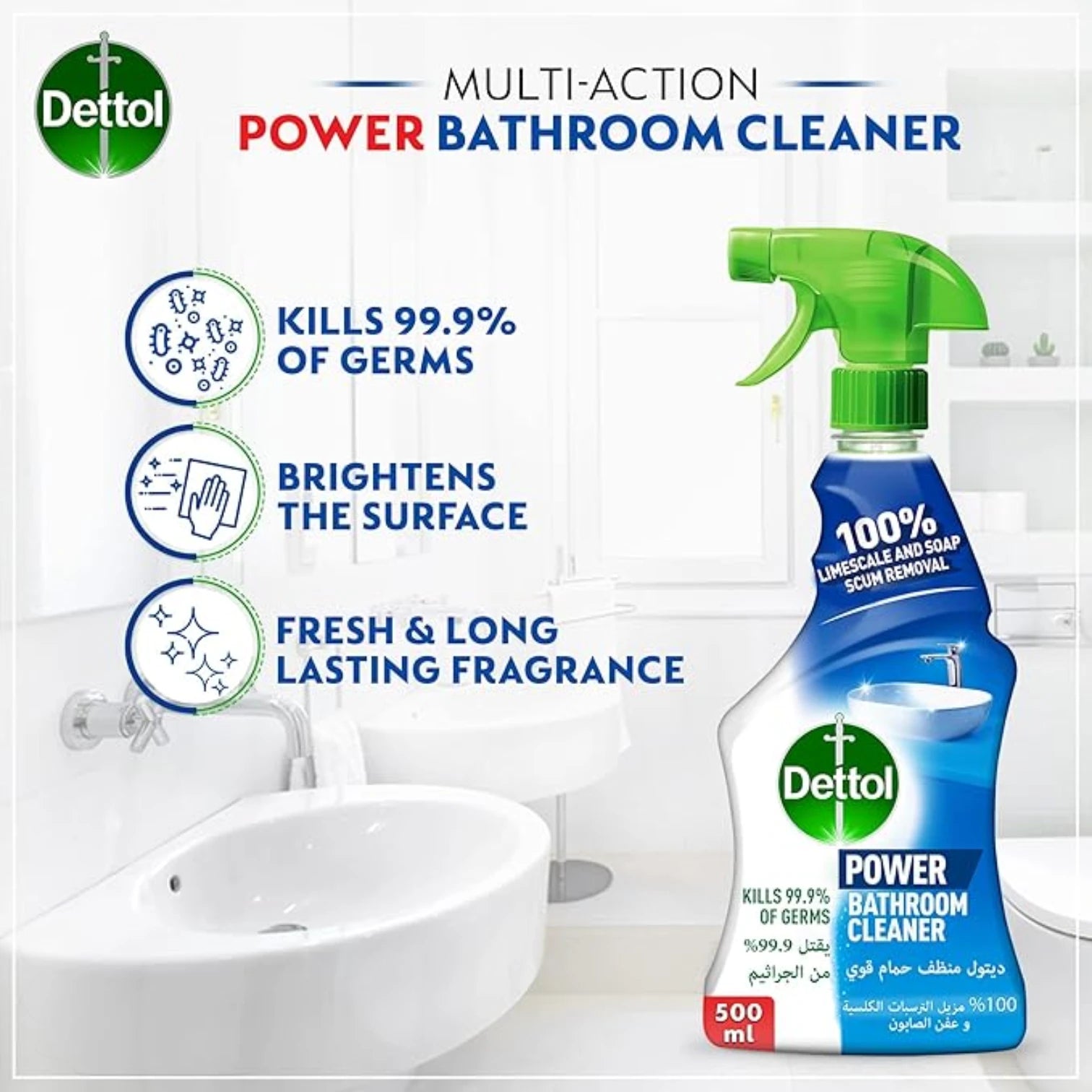 Dettol Bathroom Cleaner Spray – 500ml | Kills 99.9% Germs, Removes Soap Scum & Limescale | Fresh Scent, Anti-Bacterial Cleaner for Bathroom Surfaces - Damoo