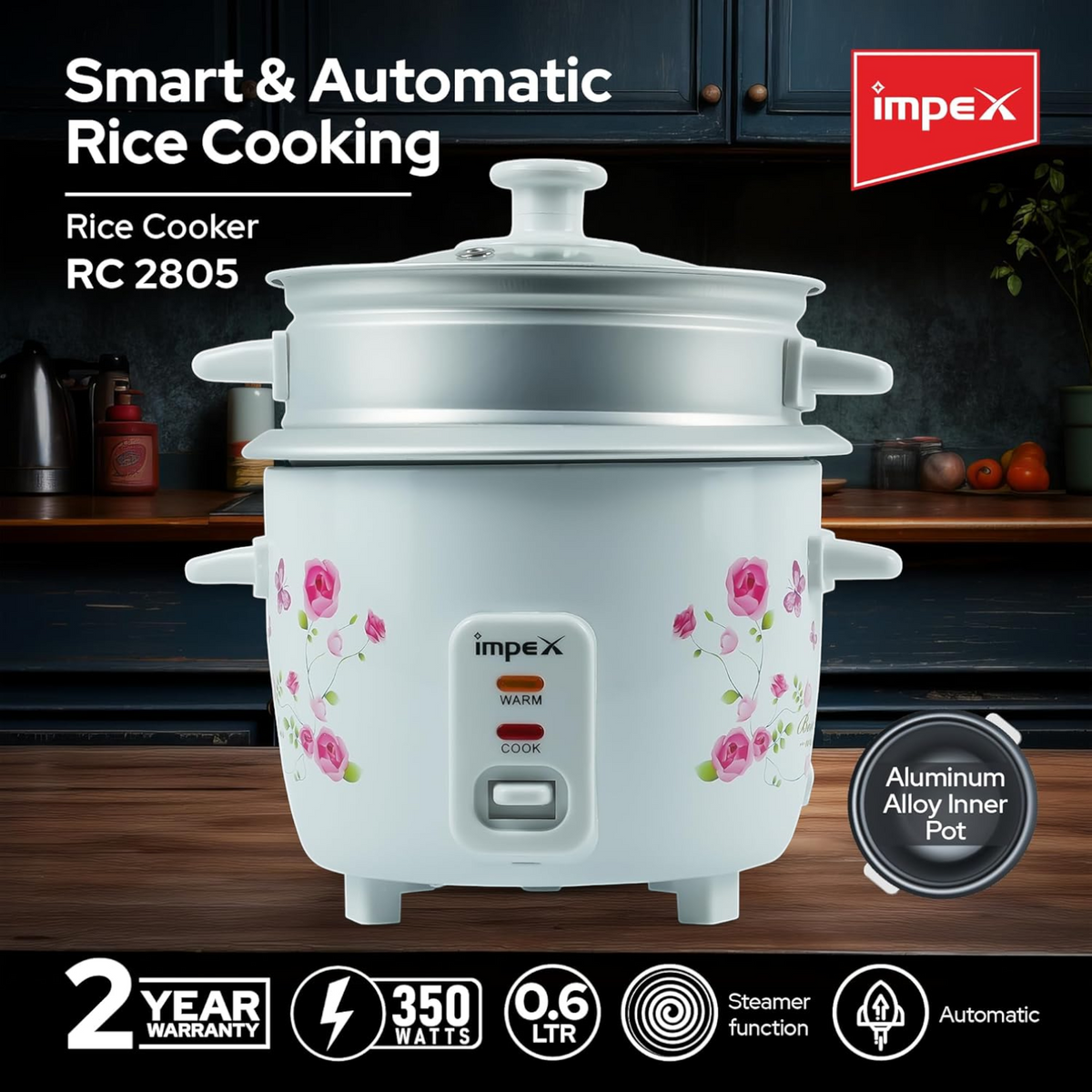 Impex RC 2805 Electric Rice Cooker 0.6L | 350W Compact Automatic Rice Cooker with Aluminum Inner Pot & Steamer Function | Easy Cooking & Keep Warm Feature
