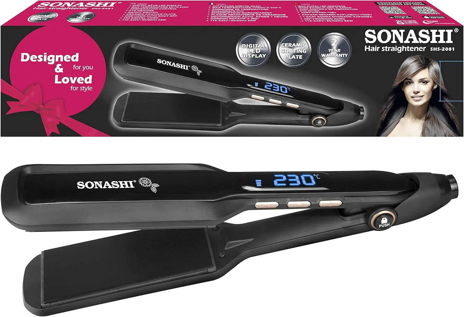 Sonashi Hair Straightener with Ceramic Coated Plates – Digital Blue LED Display, Adjustable Temperature up to 230°C, PTC Heating, Auto Shut-Off, 360° Swivel Cord – Sleek Black Design, 55W - SHS-2081 - Damoo