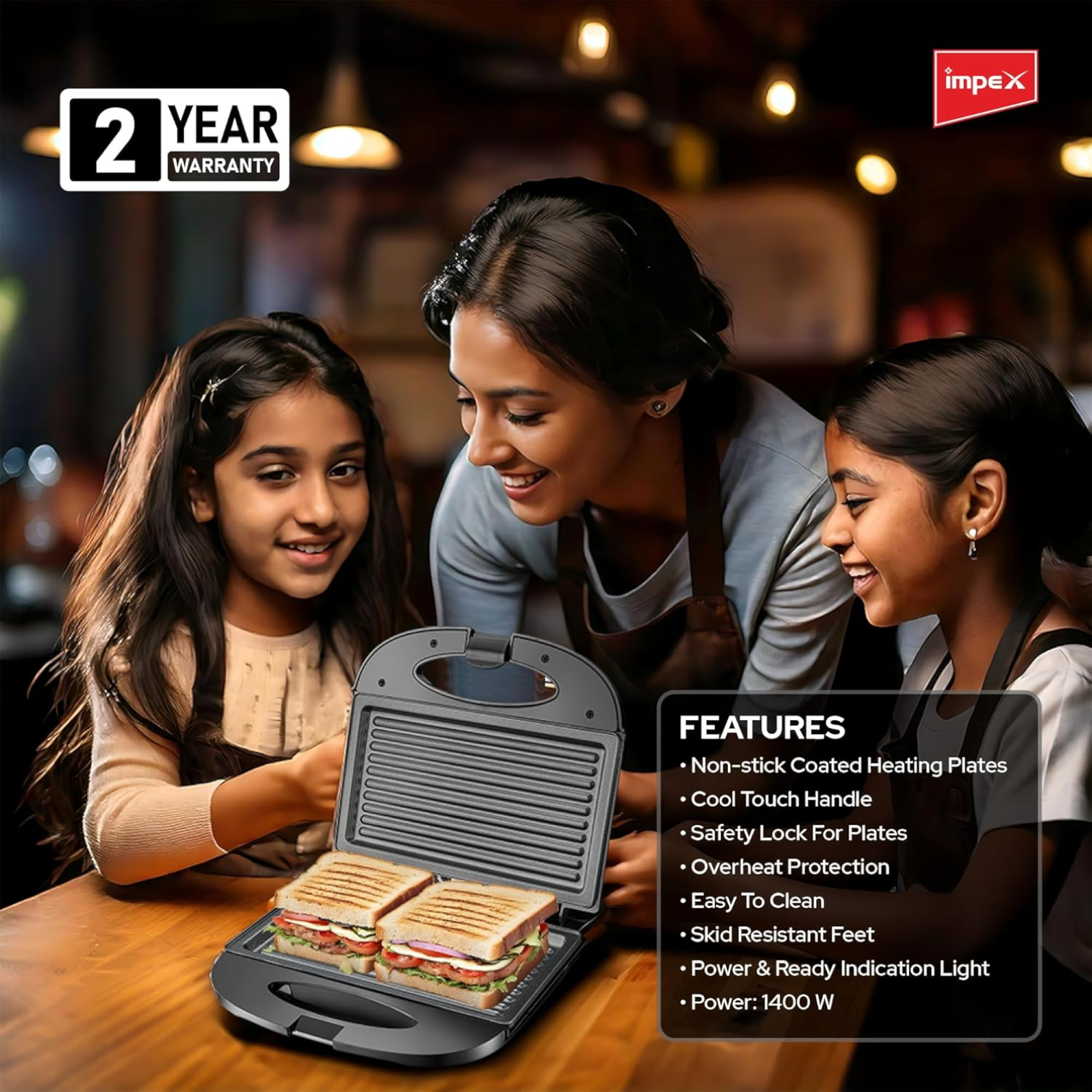 Impex SW 3601 Sandwich Maker | 2-Slice Grill | 750W Powerful Heating | Non-Stick Coated Plates | Indicator Light | Cool Touch Handle | Skid-Resistant Feet | Compact Breakfast Sandwich Toaster - Damoo