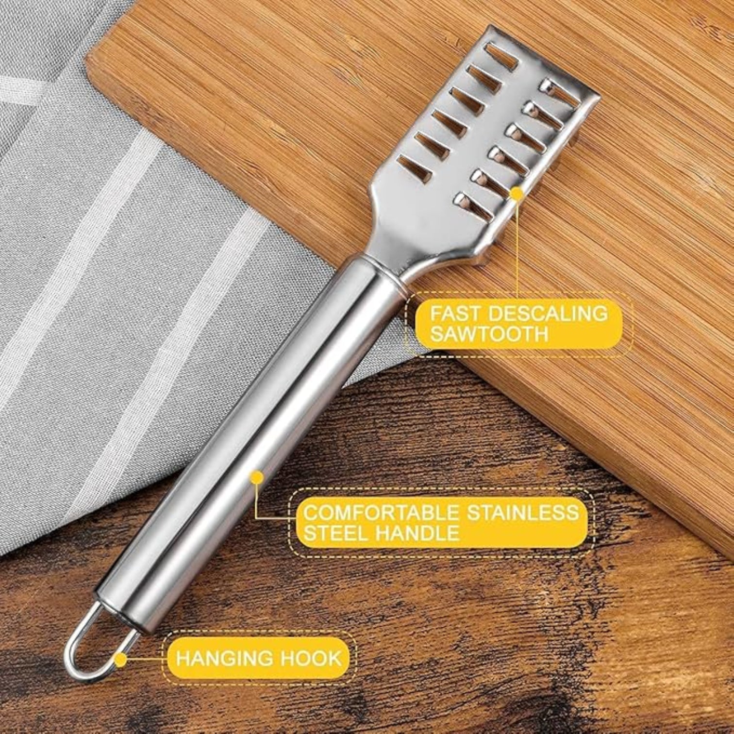 Stainless Steel Fish Scale Remover & Scraper with Serrated Teeth – Heavy-Duty Fish Cleaning Tool for Kitchen & Seafood Prep (19L CM) - Damoo
