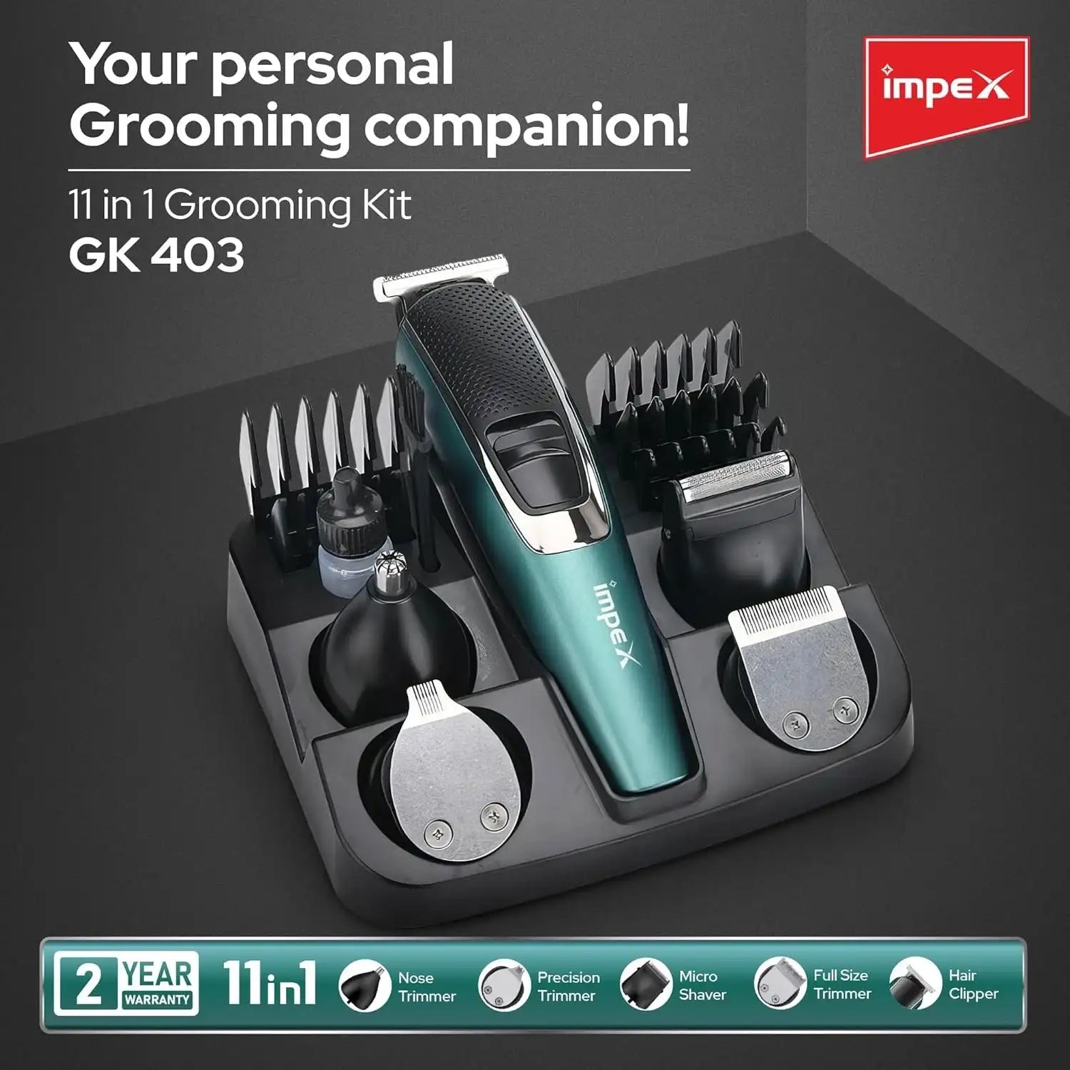 Impex 11-in-1 Grooming Kit for Men – Cordless Hair Clipper, Nose & Ear Trimmer, Precision Trimmer, Micro Shaver, USB Rechargeable, 1300mAh Battery, 5 Comb Attachments, 3-Hour Runtime – Black & Blue - GK 403 - Damoo