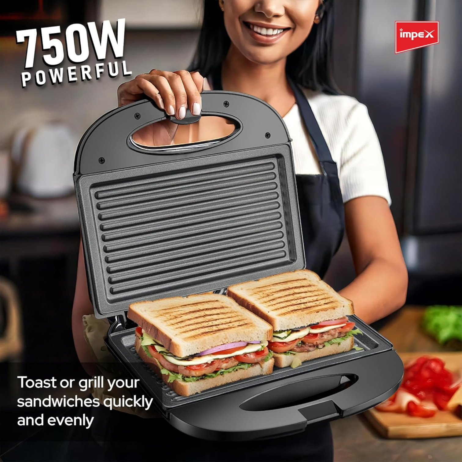 Impex SW 3601 Sandwich Maker | 2-Slice Grill | 750W Powerful Heating | Non-Stick Coated Plates | Indicator Light | Cool Touch Handle | Skid-Resistant Feet | Compact Breakfast Sandwich Toaster - Damoo