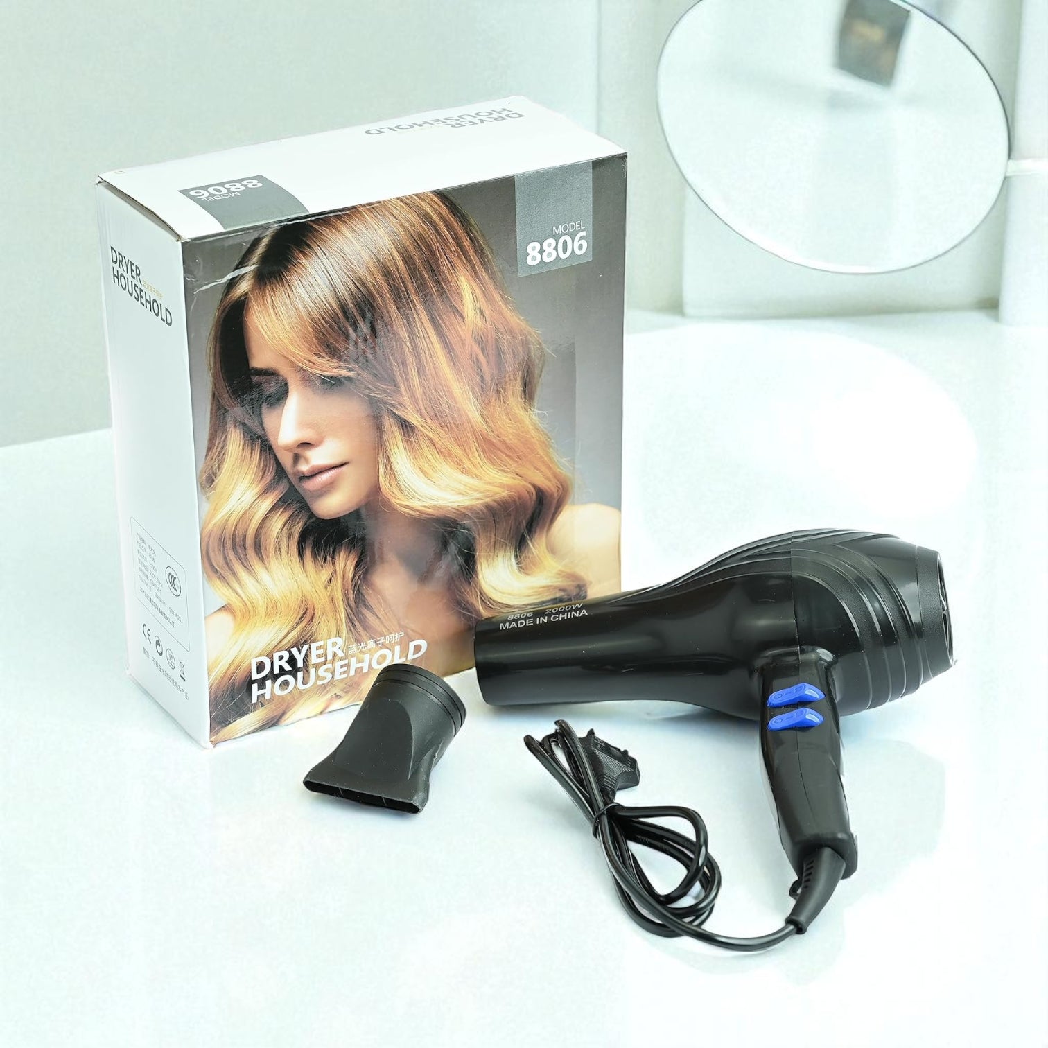 Professional Household Hair Dryer Model 8806 – 2000W Blue Ion Care Blow Dryer with High-Velocity DC Motor, Tourmaline Heat Technology, Dual Speed & Heat Settings, Cool Shot Function, and Ergonomic Handle for Smooth & Silky Hair - Damoo
