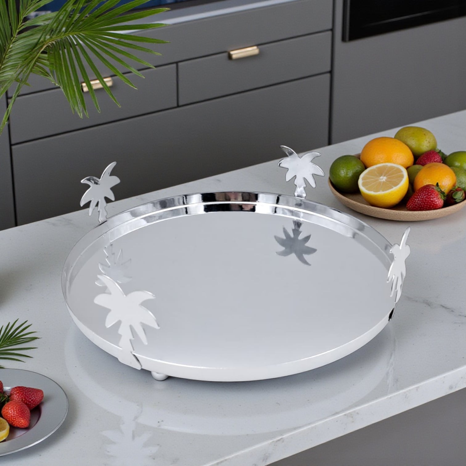 حامل كيك فاخر على شكل شجرة نخيل فضي وذهبي مع غطاء مقبب - صينية عرض حلويات كلاسيكية من الفولاذ والنحاس | طبق تقديم أنيق للكيك والمعجنات والحفلات