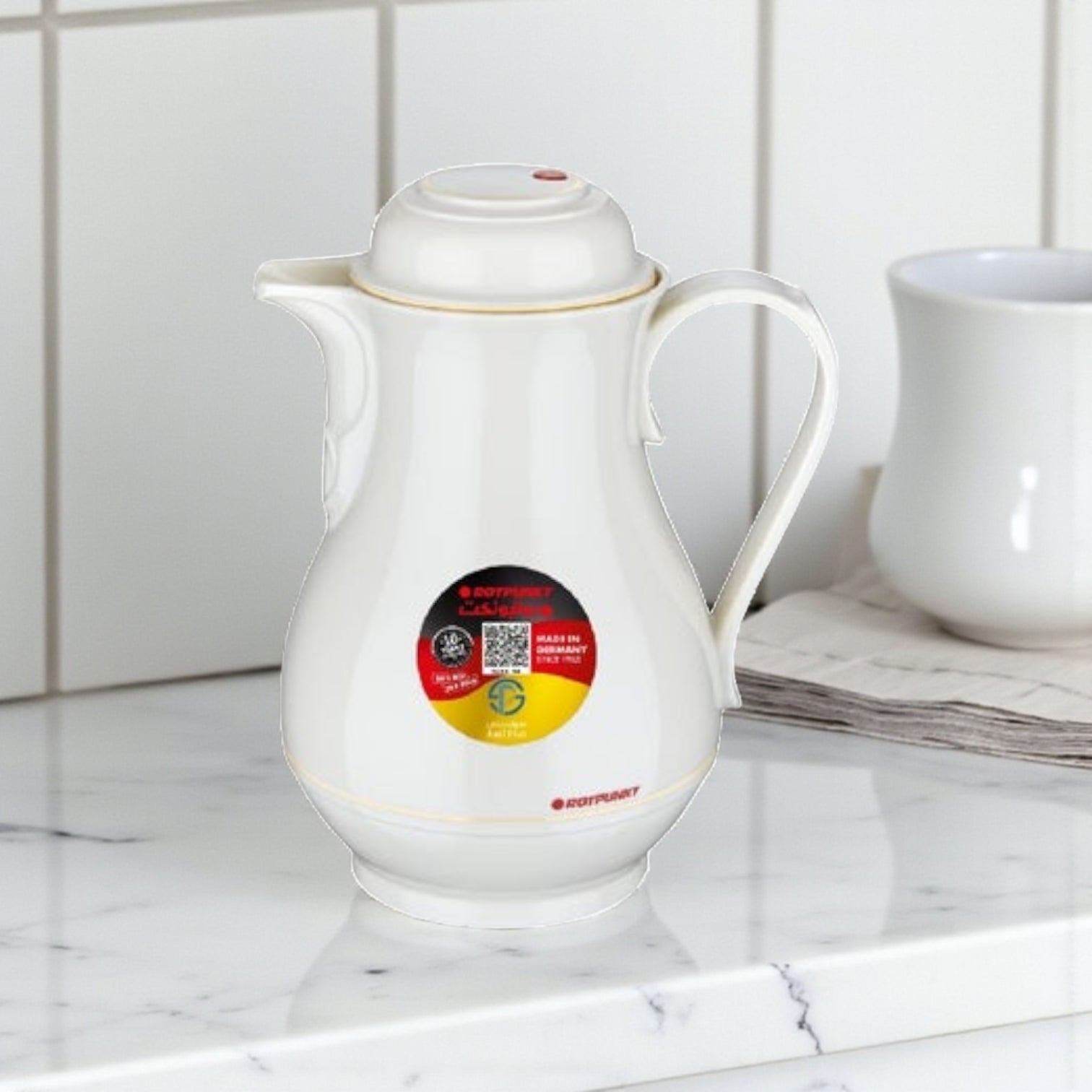 Rotpunkt 1.0L Insulated Jug – Off-White (Ivory) BPA-Free Plastic Thermal Flask with 20H Heat Retention, Two-Function Safety Lock, Ergonomic Handle & Easy-Pour Spout – German-Made Quality - Damoo