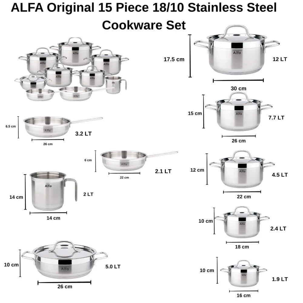 Alfa 15 Pieces Premium Stainless Steel Cookware Set – Induction Base, Silver Pots and Pans with 2.0–12L Capacities