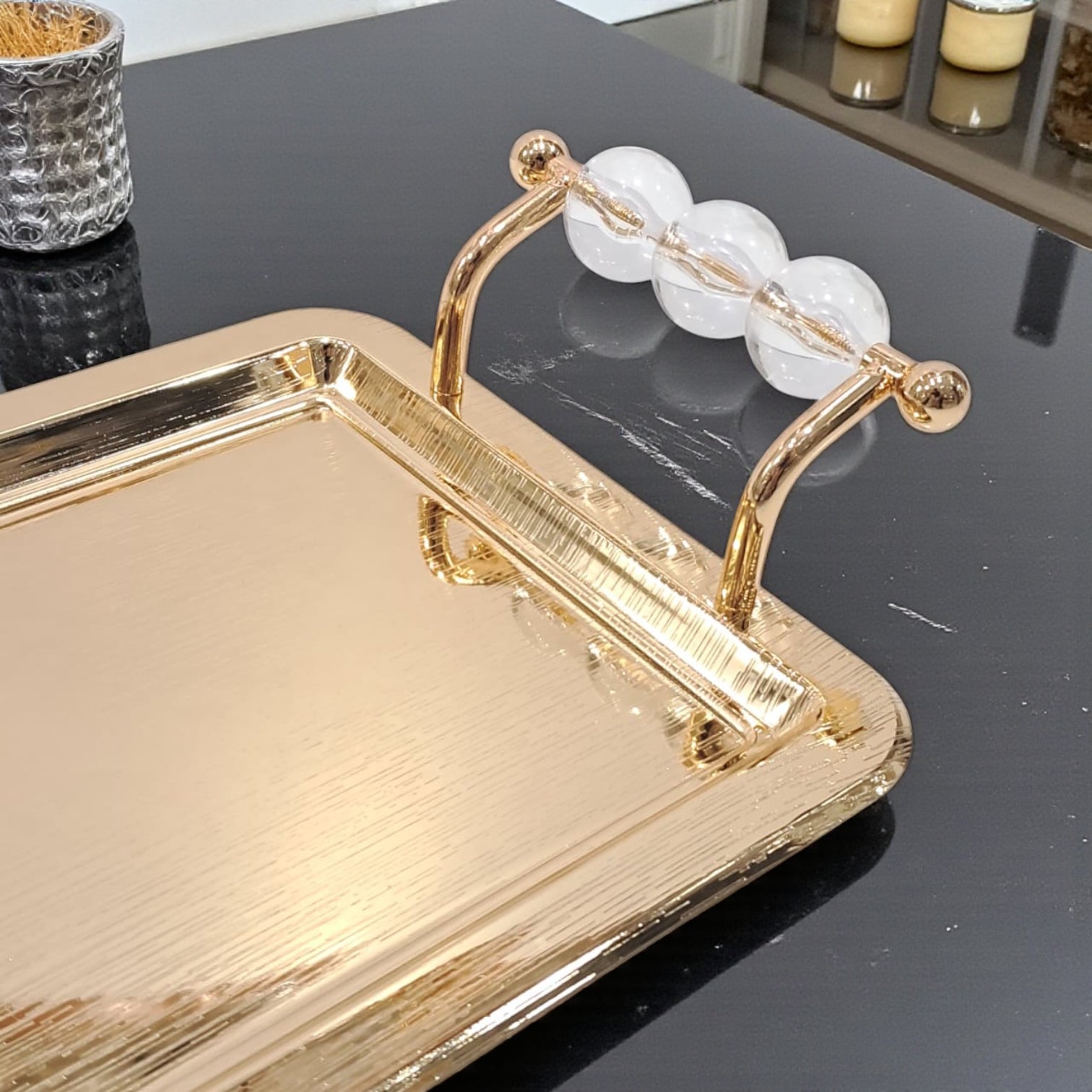 Luxury Rectangular Gold Serving Tray with Acrylic Handles – Elegant Stainless Steel Decorative & Functional Tray for Home, Hotel, or Events - Damoo