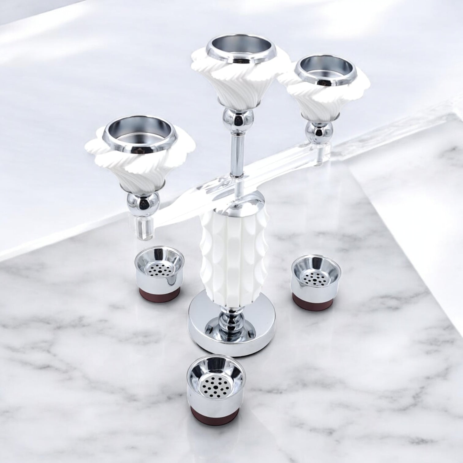 Luxury 3-Head Bakhoor Burner Stand – Modern Silver & White Incense Holder for Home & Majlis (H38 x L31 x W9.5 x Cap 4.5 CM) - Damoo
