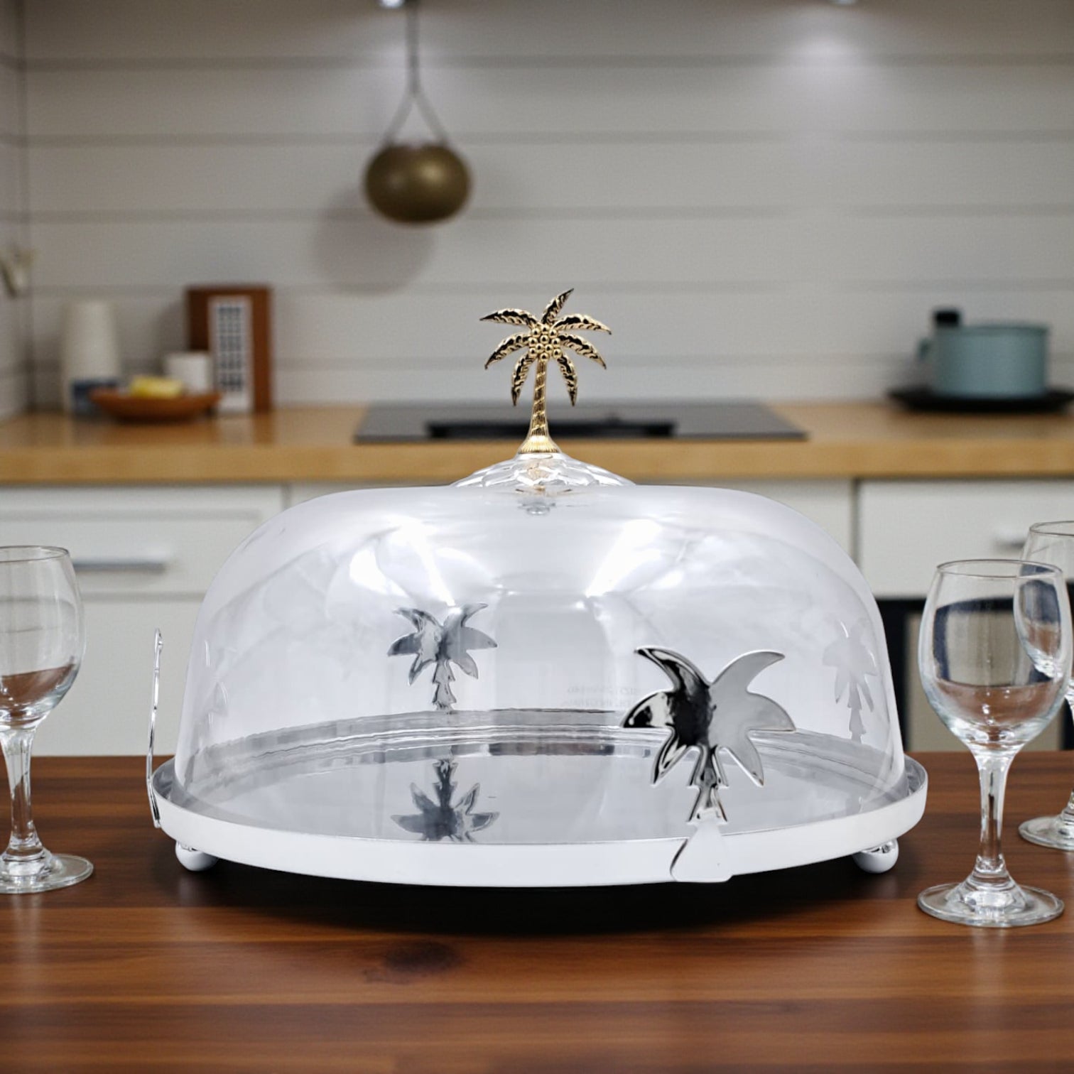 حامل كيك فاخر على شكل شجرة نخيل فضي وذهبي مع غطاء مقبب - صينية عرض حلويات كلاسيكية من الفولاذ والنحاس | طبق تقديم أنيق للكيك والمعجنات والحفلات