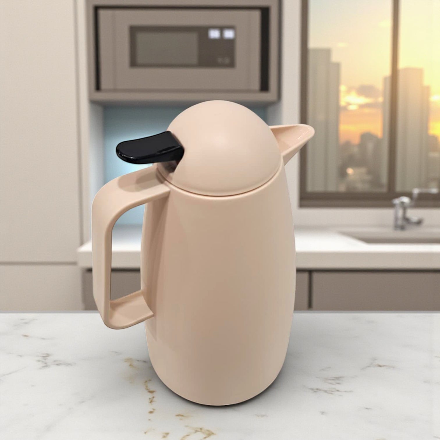 Crystal House Beige Thermos Flask – Arabic Coffee Design | Double-Wall Insulated Dallah Style Flask for Hot & Cold Drinks - Damoo