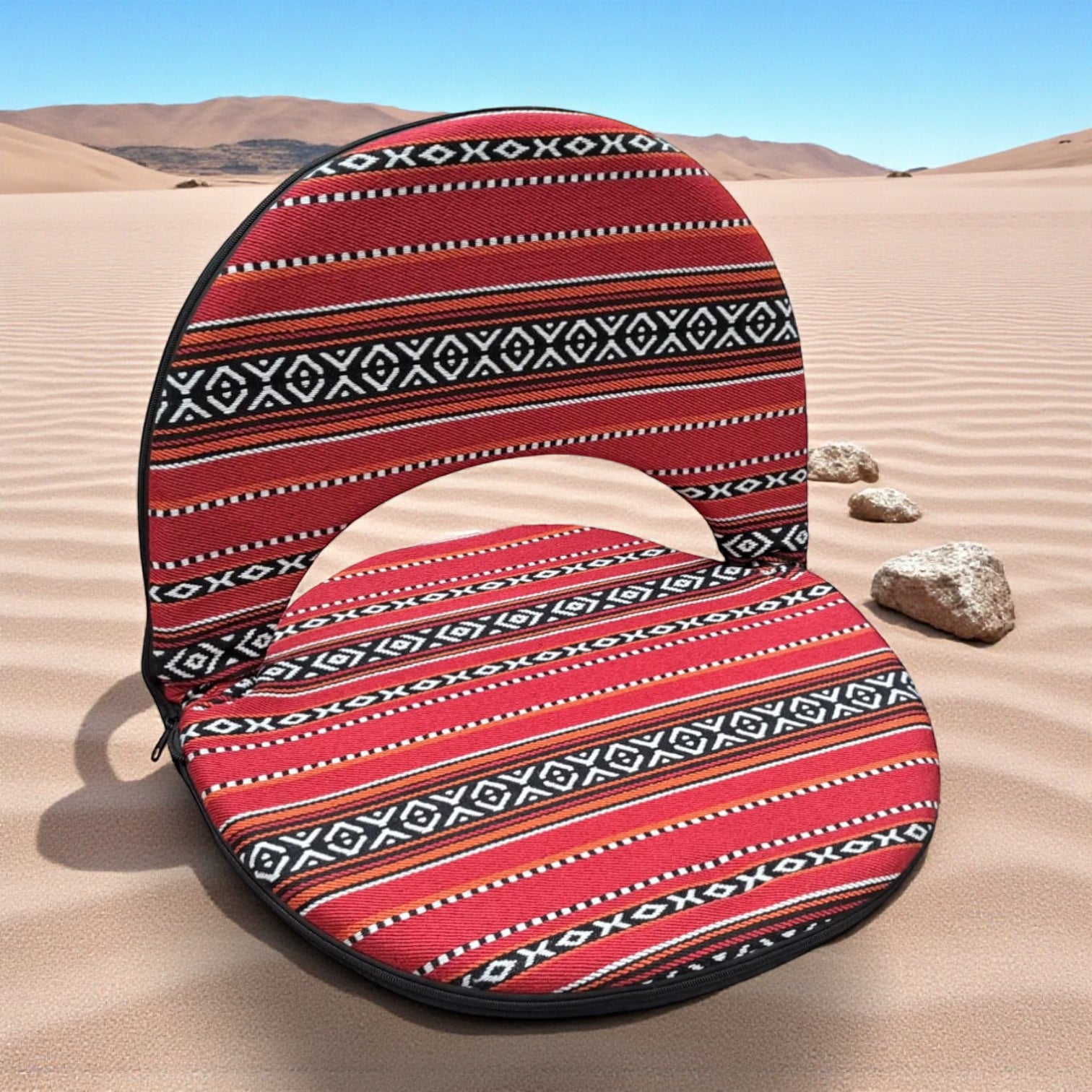 Folding Floor Chair with Backrest – Portable Comfortable Cushion Seat for Gaming, Meditation, Camping & Home Use – Traditional Red Majlis Pattern – W49 x H42 x L52 cm