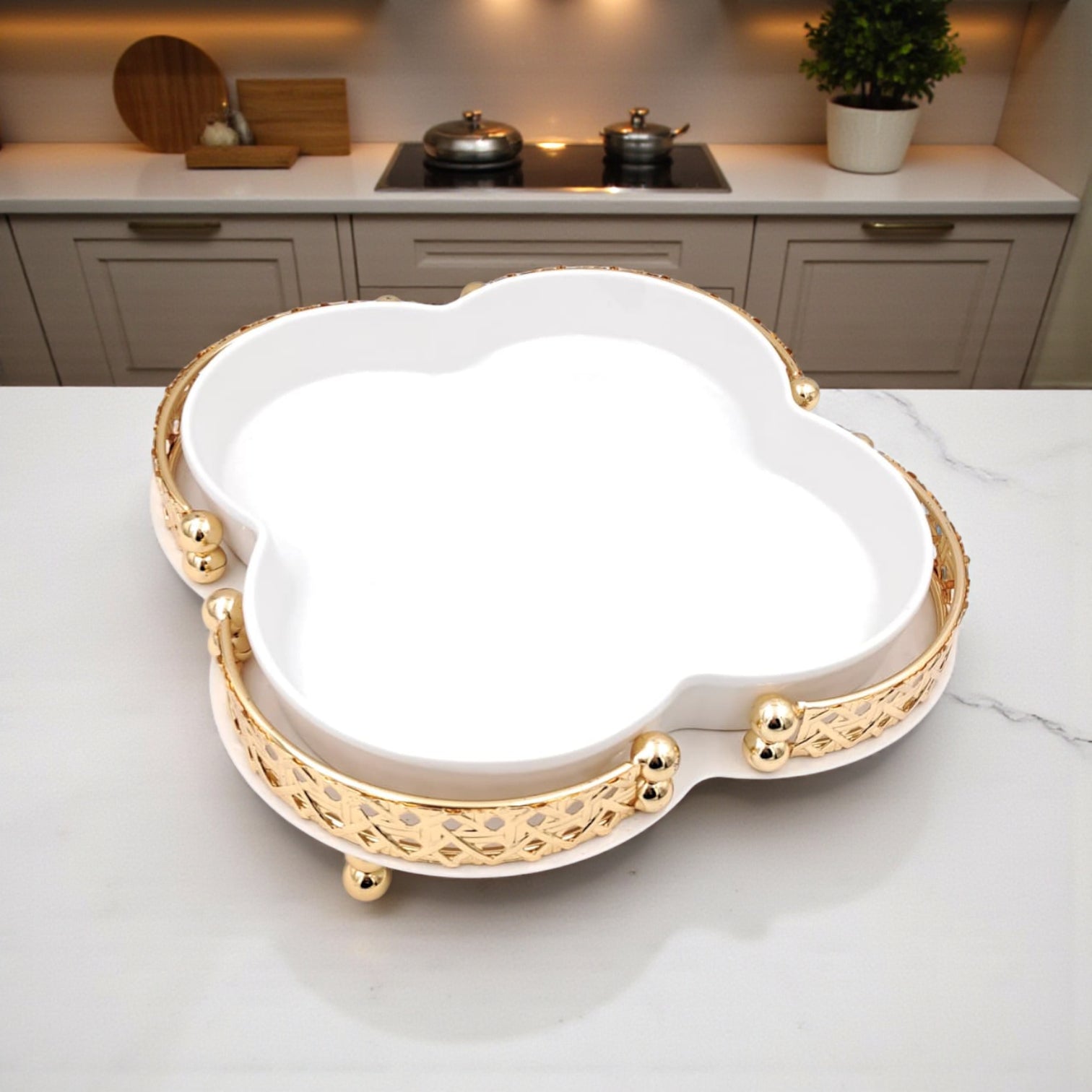 Elegant Ceramic Serving Bowl with Golden Metal Stand and Glass Lid – Luxury Flower-Shaped Dish for Sweets, Snacks & Dry Fruits | Al Habbai Collection - Damoo