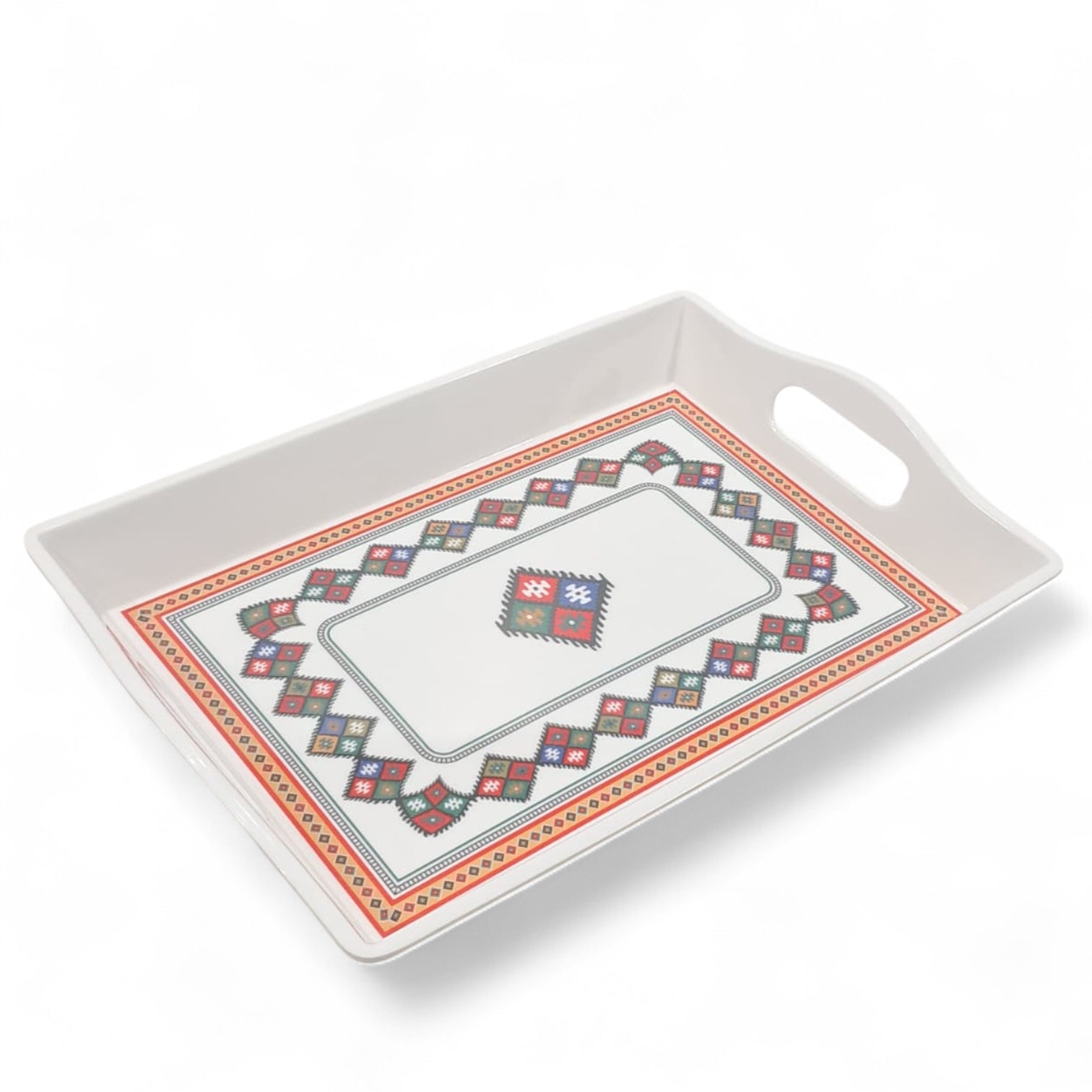 Traditional Patterned Serving Tray – White Rectangular Plastic Tray with Arabic Geometric Design | Durable Handled Tray for Tea, Coffee & Snacks - Damoo