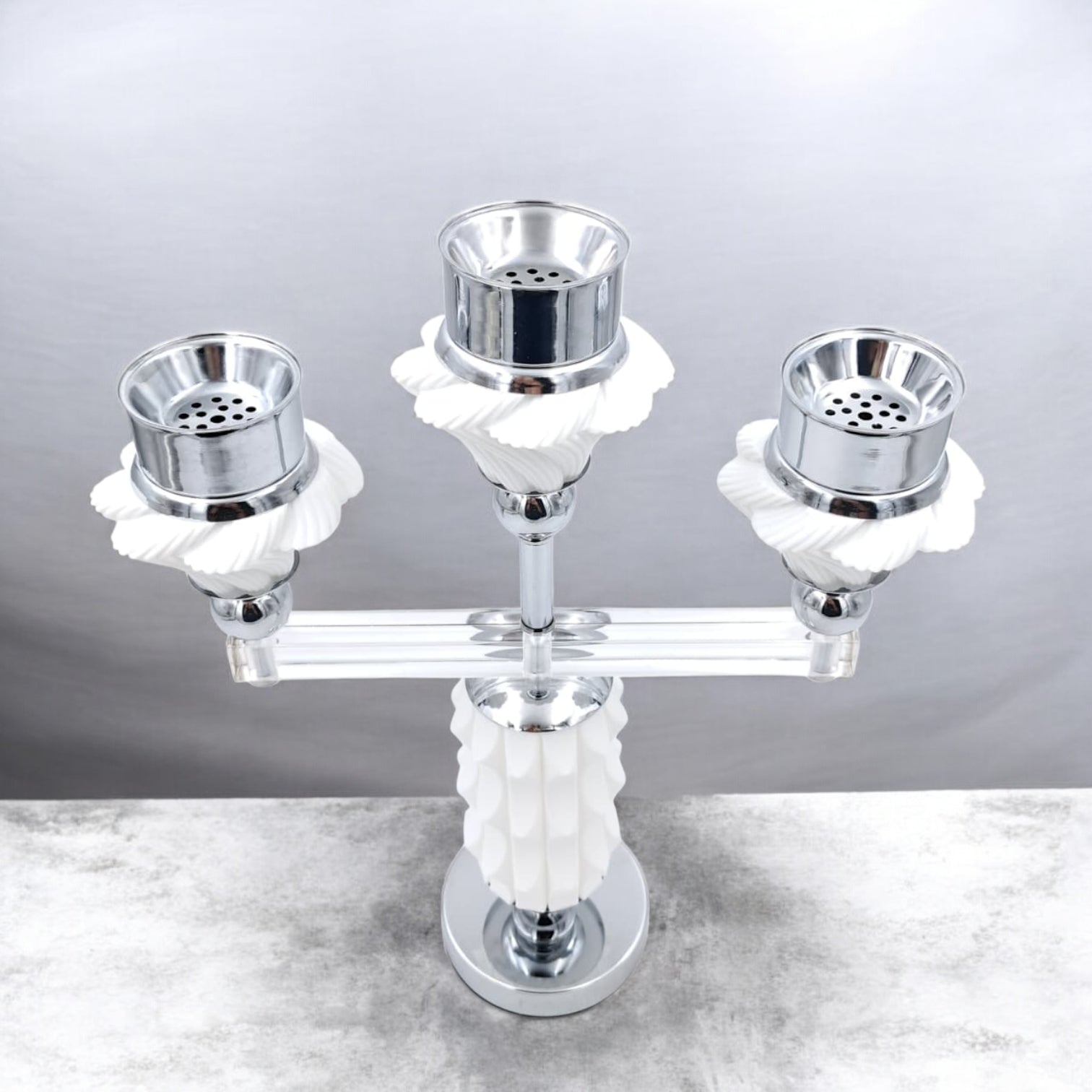 Luxury 3-Head Bakhoor Burner Stand – Modern Silver & White Incense Holder for Home & Majlis (H38 x L31 x W9.5 x Cap 4.5 CM) - Damoo