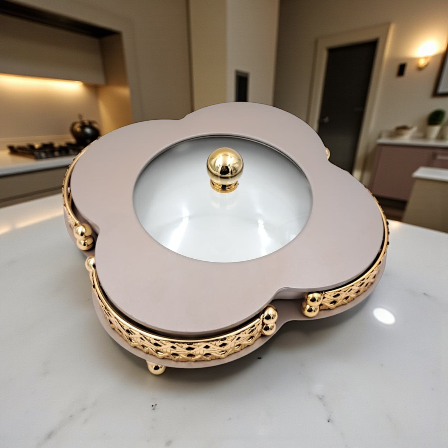 Elegant Ceramic Serving Bowl with Golden Metal Stand and Glass Lid – Luxury Flower-Shaped Dish for Sweets, Snacks & Dry Fruits | Al Habbai Collection - Damoo